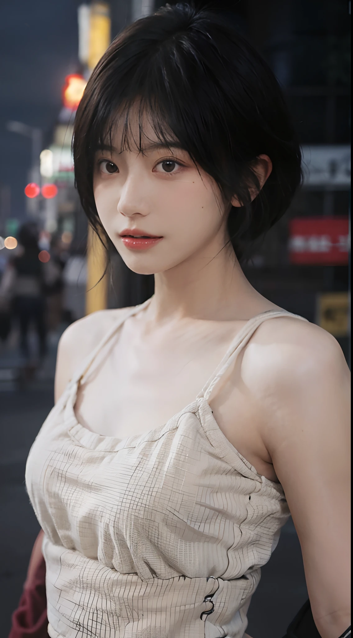 best qualtiy, 超高分辨率, (realisticlying:1.4),2 girls ,Focus:1.2, perfect figure beautiful woman:1.4 , (Streets at night:1.3), Highly detailed facial and skin texture, A detailed eye, 二重まぶた,Red lips,eye shadows,Whiten skin,(Air bangs:1.3),,(Thin strap top:1.4)