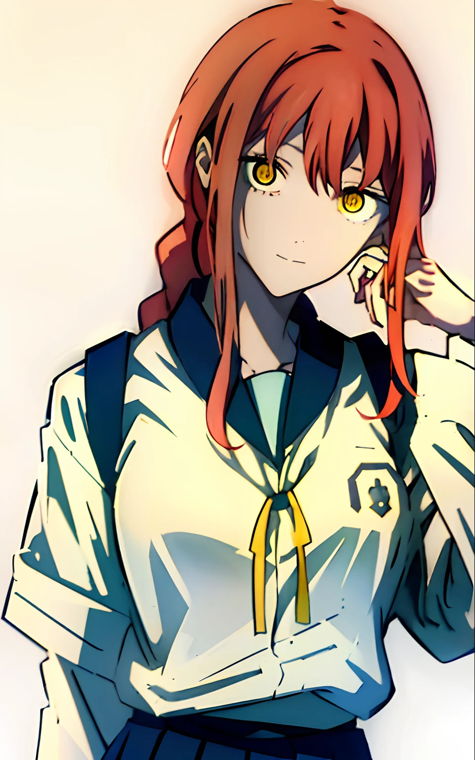 (((masterpiece))), top-quality, 1girl in, yellow eyes, ((Schoolgirl Uniform)), red hairs, Braided hair, Braiding one, Ring, simple background,, Makima, Makima\(Chainsaw Man\), see the beholder, 独奏, The upper part of the body
