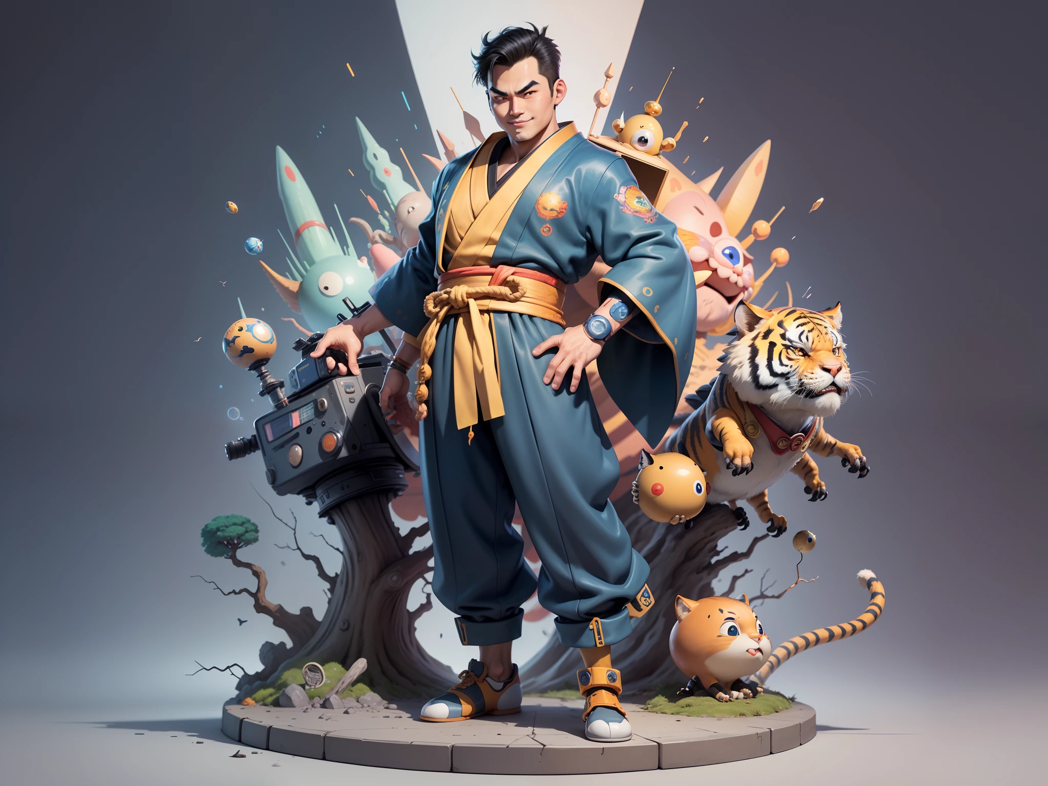 (Masterpiece), (Excellent), (Super Meticulous), (Full Body: 1.2), Super Young Man, Oriental Face, Japanese Kimono, Japanese Wind Thunder God, Dragon, Tiger, TV Anchor, Bust Portrait Illustration, Alone, Black Suit, Blue Tie, Slightly Chubby Face, Very Clean Face, No Beard, Black Super Short Hair, Black Eyes, Confident Smile, 3c Computer Sub-Products, iPad, iPhone, Digital Painting, 3D Character Design by Akira Toriyama and Mark Claireden and Pixar and Hayao Miyazaki, The illustration is a high-definition illustration in 4K resolution with very detailed facial features and cartoon-style visuals.