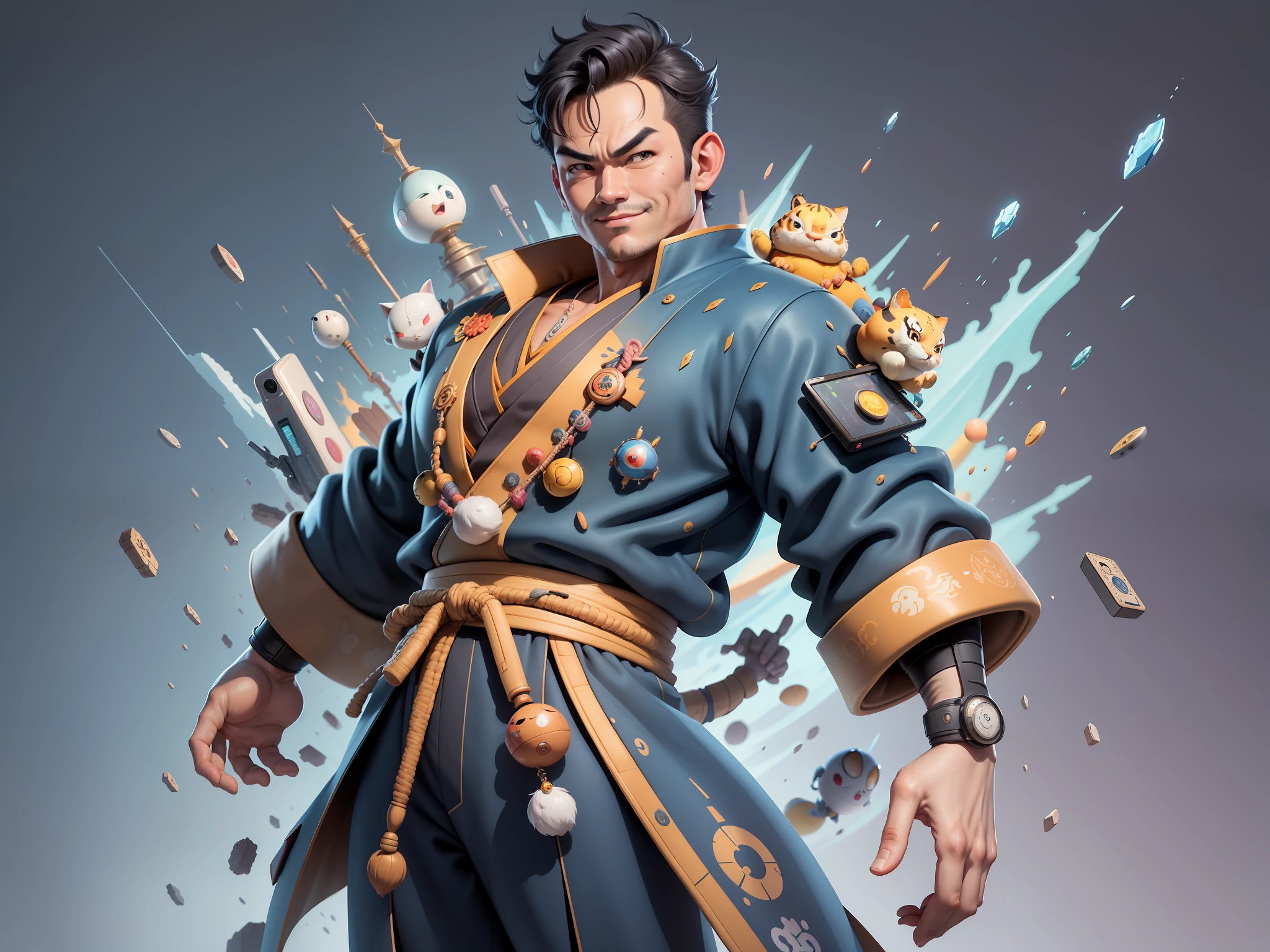 (Masterpiece), (Excellent), (Super Meticulous), (Full Body: 1.2), Super Young Man, Oriental Face, Japanese Kimono, Japanese Wind Thunder God, Dragon, Tiger, TV Anchor, Bust Portrait Illustration, Alone, Black Suit, Blue Tie, Slightly Chubby Face, Very Clean Face, No Beard, Black Super Short Hair, Black Eyes, Confident Smile, 3c Computer Sub-Products, iPad, iPhone, Digital Painting, 3D Character Design by Akira Toriyama and Mark Claireden and Pixar and Hayao Miyazaki, The illustration is a high-definition illustration in 4K resolution with very detailed facial features and cartoon-style visuals.