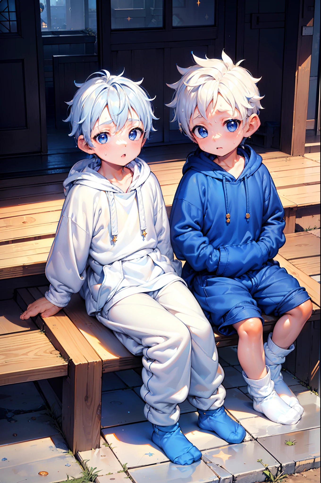 2 chubby  boys with White hair and shiny orange eyes and barefoot wearing a hoodie, and oversized sweatpants sitting on a bench outside, young, boy, child,l, toddsparklefalling from sky, night, dark, soft light, (sweatpants:1.4), (Boy:1.4), (Shota:1.4), (Young:1.4), (blue socks:1.6), (Male:1.4)