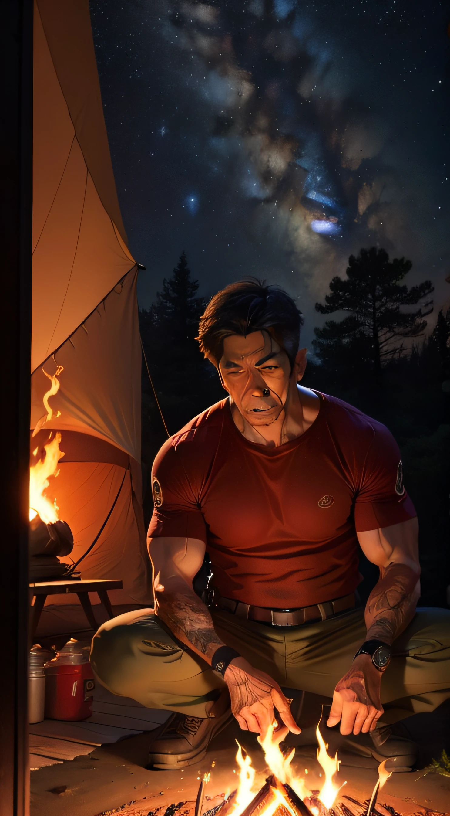 campsite、50 years old、musculature、bonfire、Space Cobra、Psycho Gun
