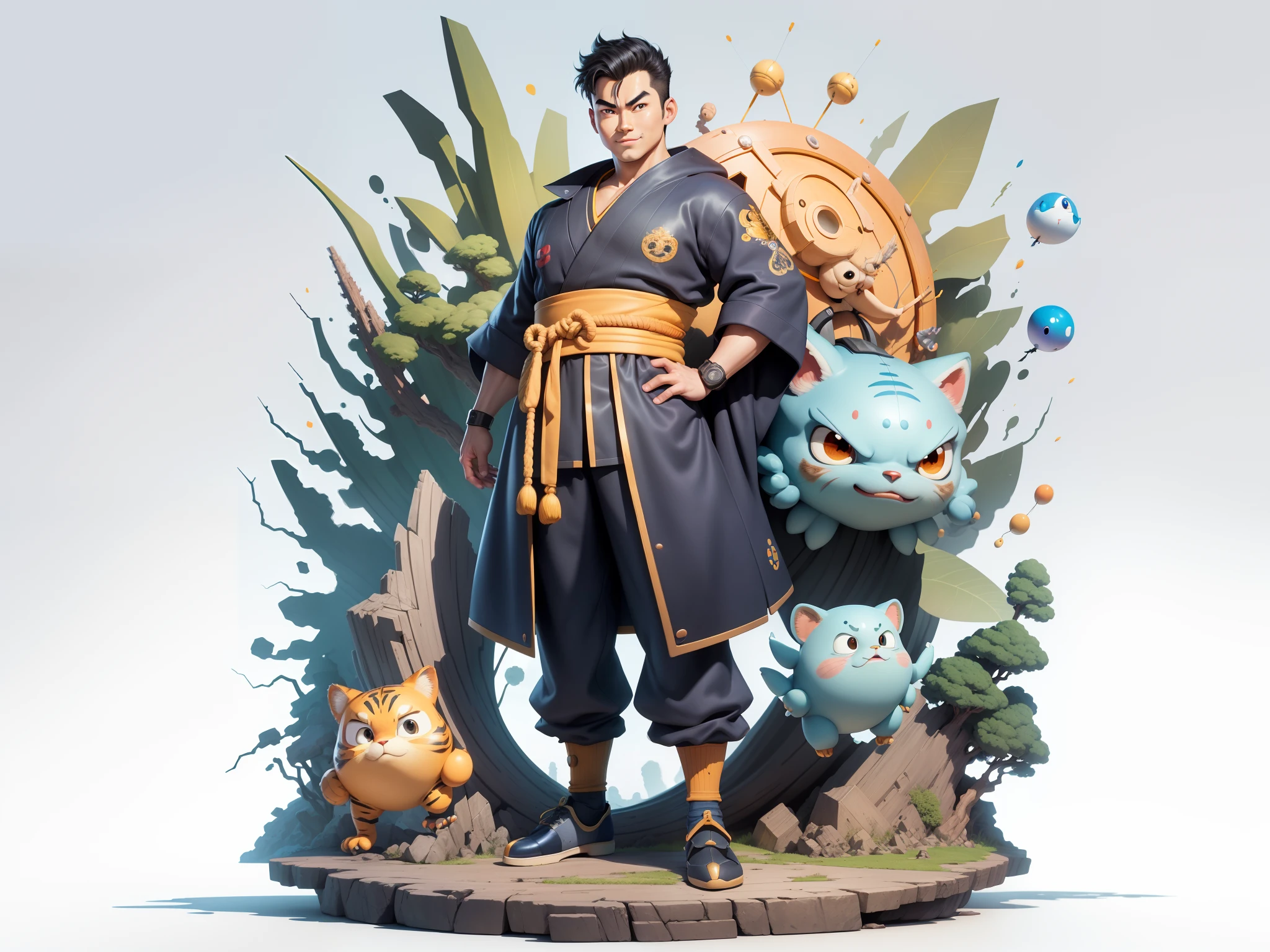 (Masterpiece), (Excellent), (Super Meticulous), (Full Body: 1.2), Super Young Man, Oriental Face, Japanese Kimono, Japanese Wind Thunder God, Dragon, Tiger, TV Anchor, Bust Portrait Illustration, Alone, Black Suit, Blue Tie, Slightly Chubby Face, Very Clean Face, No Beard, Black Super Short Hair, Black Eyes, Confident Smile, 3c Computer Sub-Products, iPad, iPhone, Digital Painting, 3D Character Design by Akira Toriyama and Mark Claireden and Pixar and Hayao Miyazaki, The illustration is a high-definition illustration in 4K resolution with very detailed facial features and cartoon-style visuals.