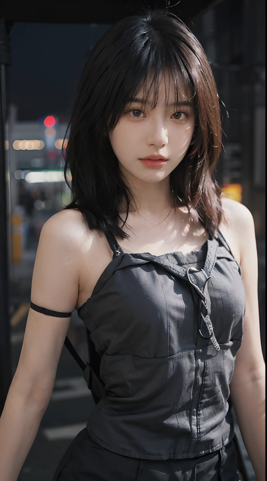 best qualtiy, 超高分辨率, (realisticlying:1.4),2 girls ,Focus:1.2, perfect figure beautiful woman:1.4 , (Streets at night:1.3), Highly detailed facial and skin texture, A detailed eye, 二重まぶた,Red lips,eye shadows,Whiten skin,(Air bangs:1.3),,(Thin strap top:1.4)
