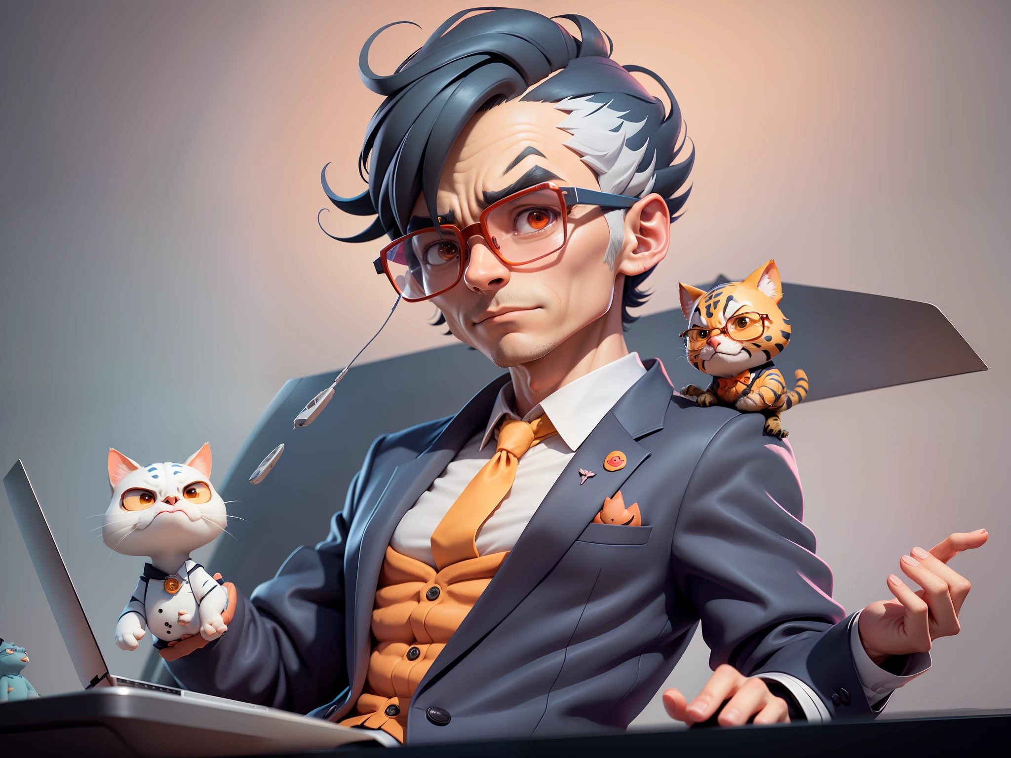 A young man in a suit, Short hair and glasses sat at his desk,holding laptop,digitial painting,tigre,3D character design by Mark Clairen and Pixar and Hayao Miyazaki and Akira Toriyama,4K HD illustration,Very detailed facial features and cartoon-style visuals。
