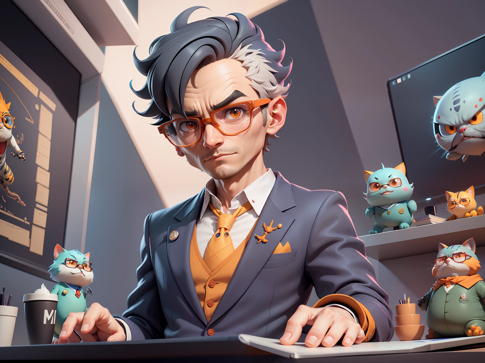 A young man in a suit, Short hair and glasses sat at his desk,holding laptop,digitial painting,tigre,3D character design by Mark Clairen and Pixar and Hayao Miyazaki and Akira Toriyama,4K HD illustration,Very detailed facial features and cartoon-style visuals。