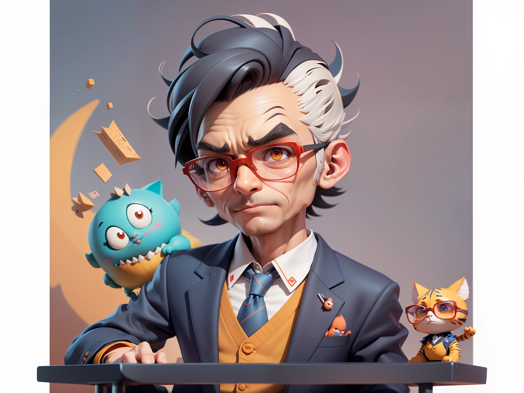 A young man in a suit, Short hair and glasses sat at his desk,holding laptop,digitial painting,tigre,3D character design by Mark Clairen and Pixar and Hayao Miyazaki and Akira Toriyama,4K HD illustration,Very detailed facial features and cartoon-style visuals。