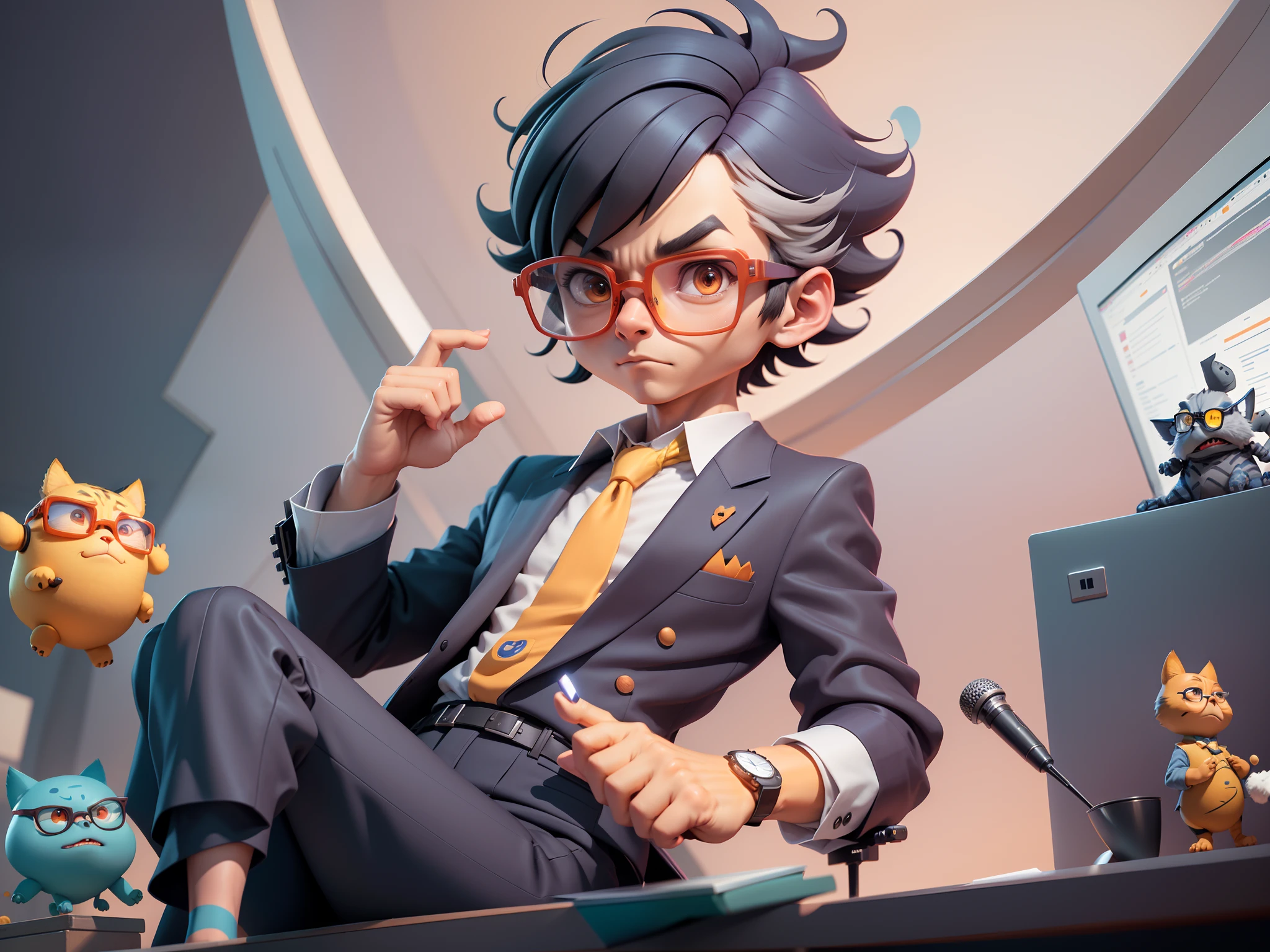 A young man in a suit, Short hair and glasses sat at his desk,holding laptop,digitial painting,tigre,3D character design by Mark Clairen and Pixar and Hayao Miyazaki and Akira Toriyama,4K HD illustration,Very detailed facial features and cartoon-style visuals。