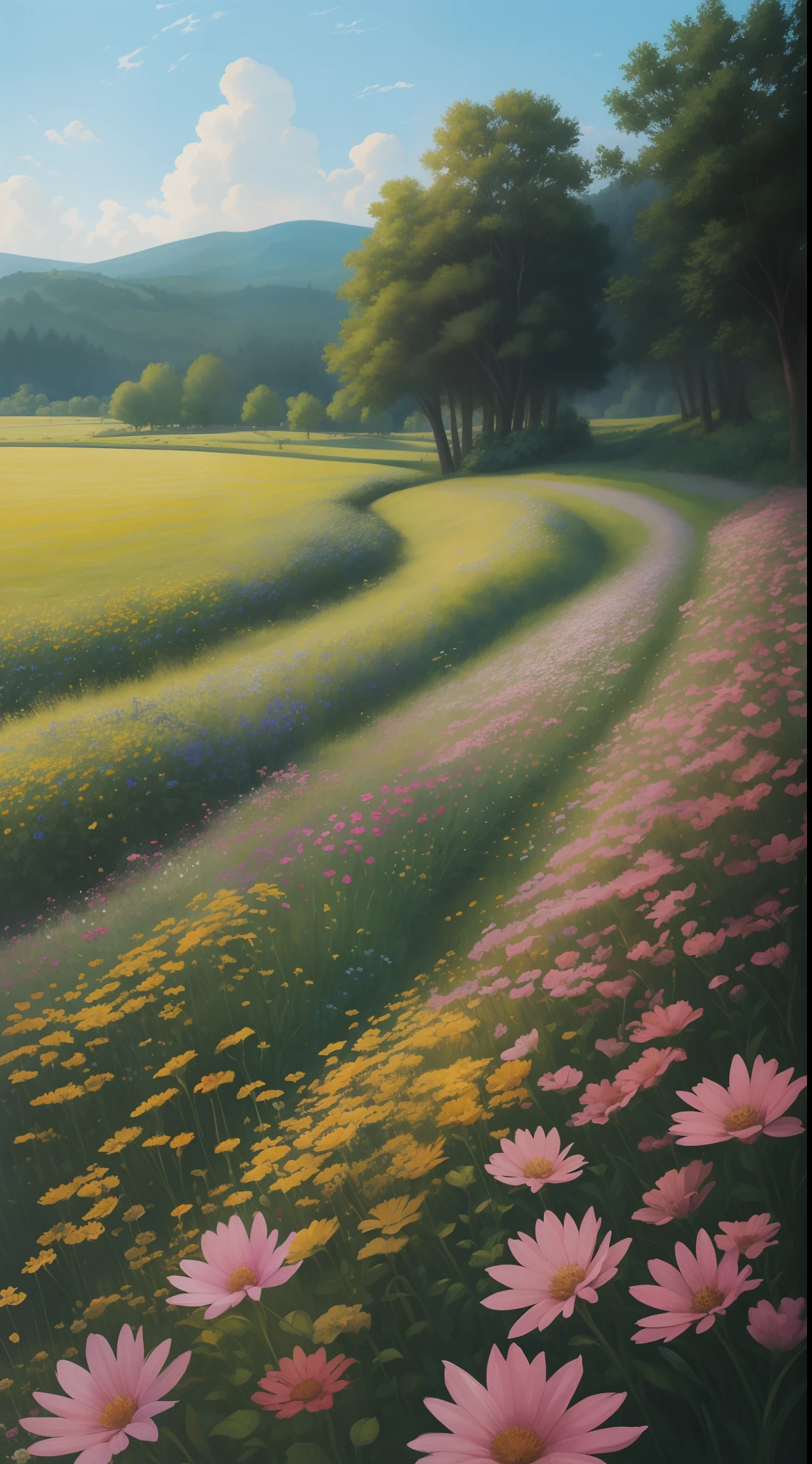 a flower Meadow, sunny day, summer, hyper detailed, ultra quality, hd quality, 32k resolution, photo realistic, ultra realistic, best quality, epic, wallpaper, a masterpiece, Thick Brush Strokes, Impasto Gouache, thick layers of gouache watercolors textured on Canvas, Maximalist, impressionist