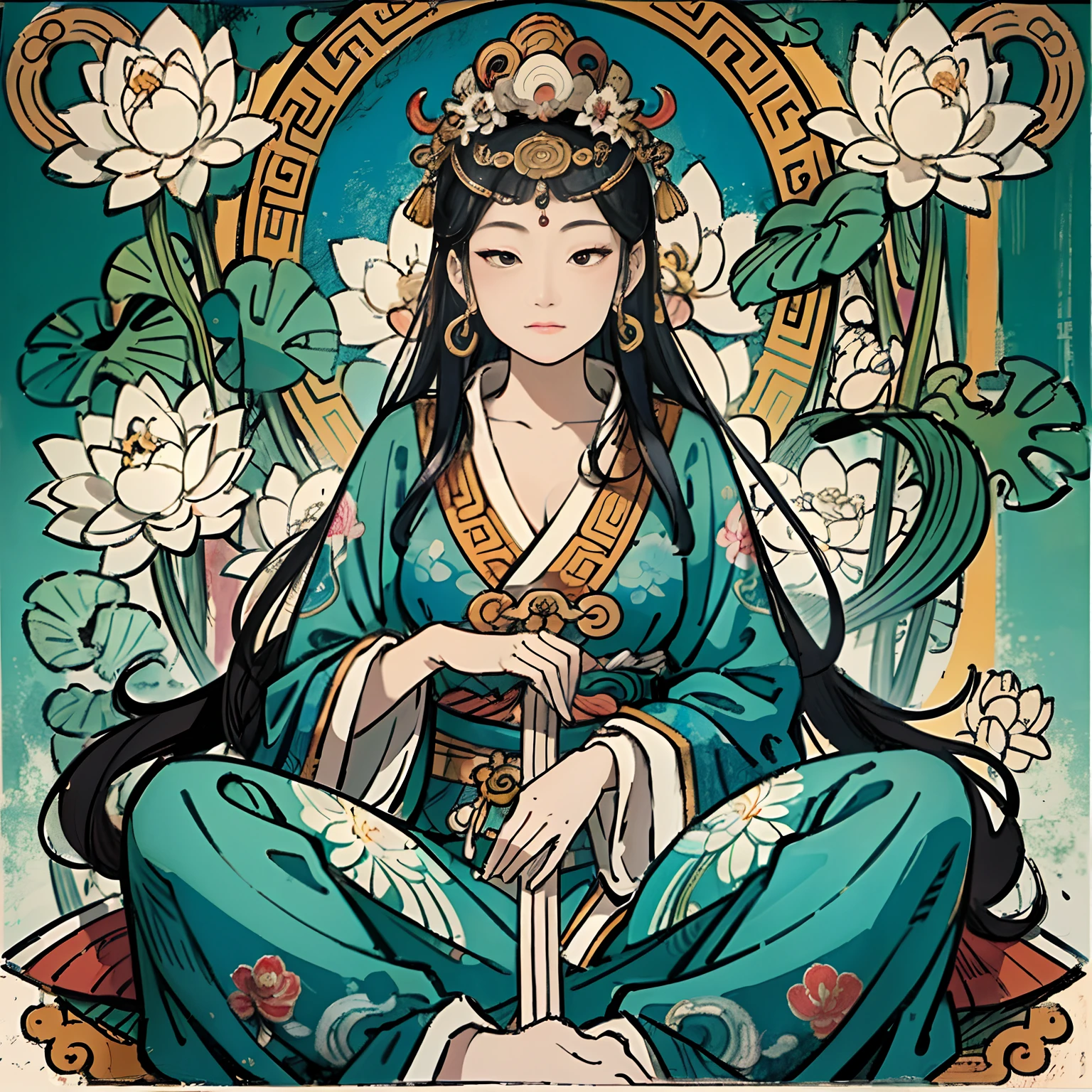 an ancient Chinese goddess, guanyin of the southern seas, Guanyin, Inspired by India, Avalokiteshvara,,Serene expression,shui mo hua,Buddha,Buddhist,Lotus,Chinese painting style,Thangka style