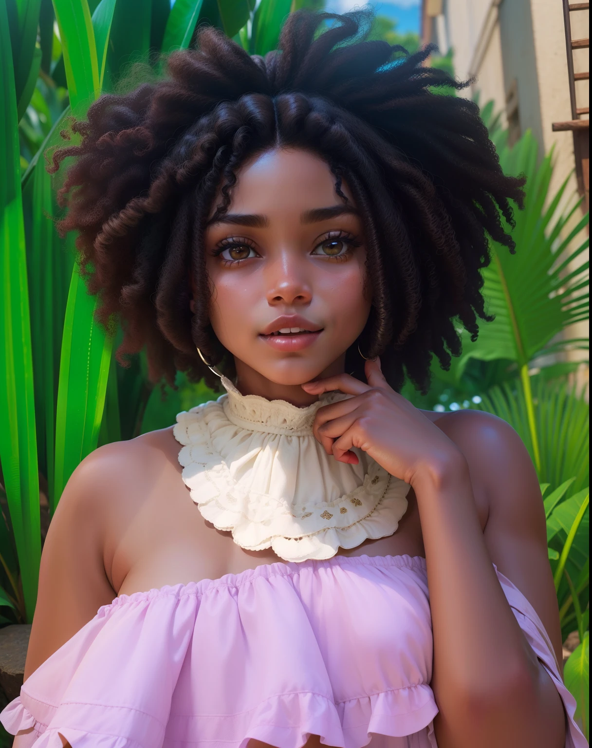 3D a little girl is (((pele morena escura))), (((solo))), telegram sticker, sentada na praia,  creating a soft, long dress female, (((retrato realismo))), (girl afro-americana) (((brown hair))), (((close-up  afeições faciais detalhadas: 1.15))), (((cabelos mega hair))), freedom, profile image, standing confidently, she is the center of the garden, smiling face, listing image, 8k, dreams   100 --auto --s2