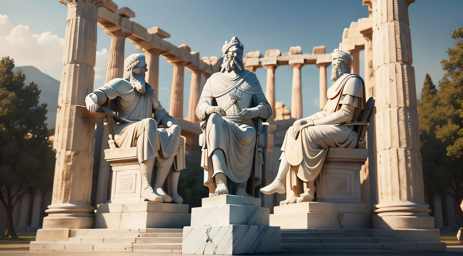 Marble statue of Zeno of Scythia teaching other ancient and old Greek men with Greek temple in the background, ultra realistic, portrait, estoic