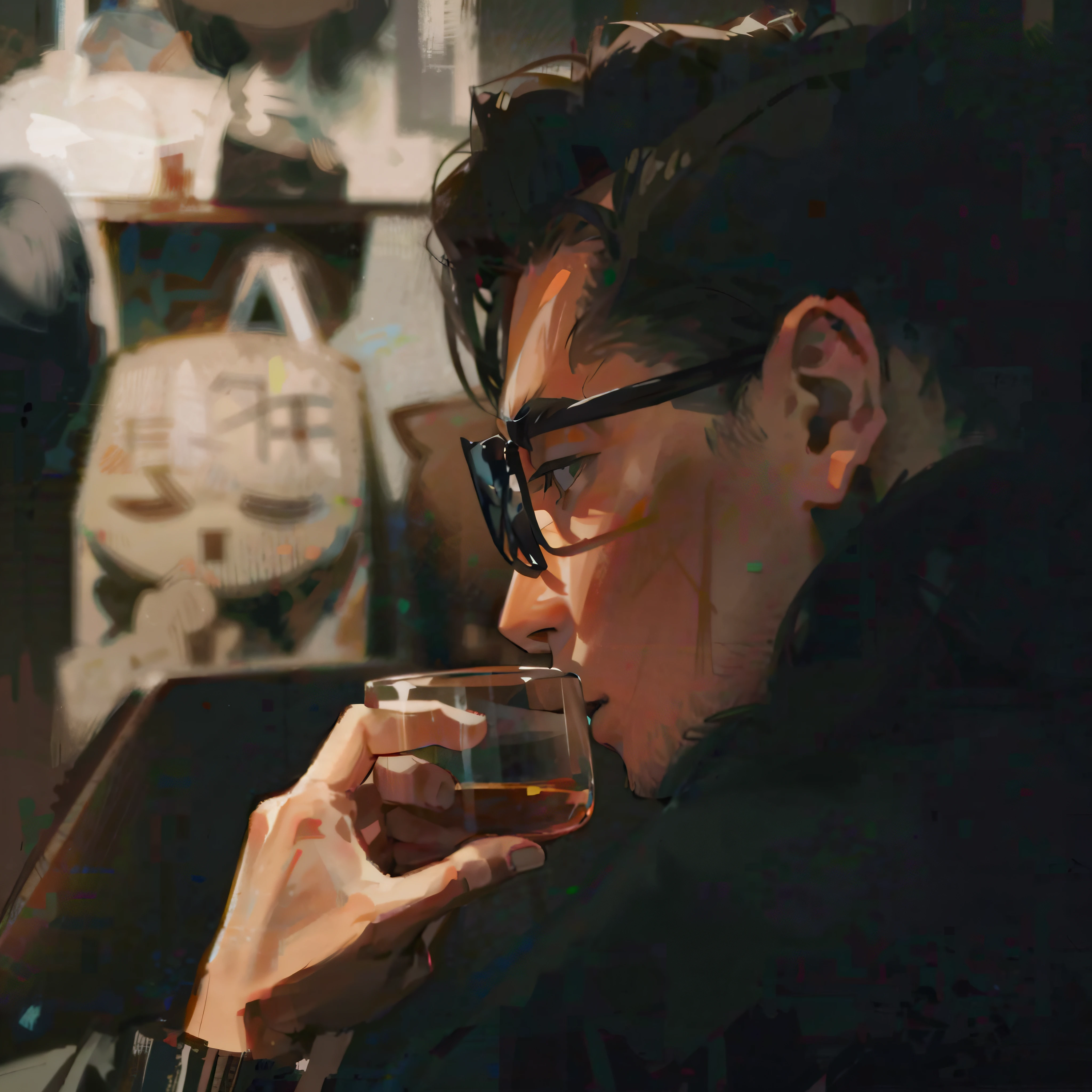 Side face of Asian man，Man in black sunglasses，Holding a wine glass in his hand，Prepare to drink，The light contrasts strongly，Eyes，Back hair style，Hair combed back，Sketch dark style，sketching，Dark style，Distinct lines，handpainted，European and American hand-drawn style，tmasterpiece，hyper HD，32K，16k，Brush stroke，