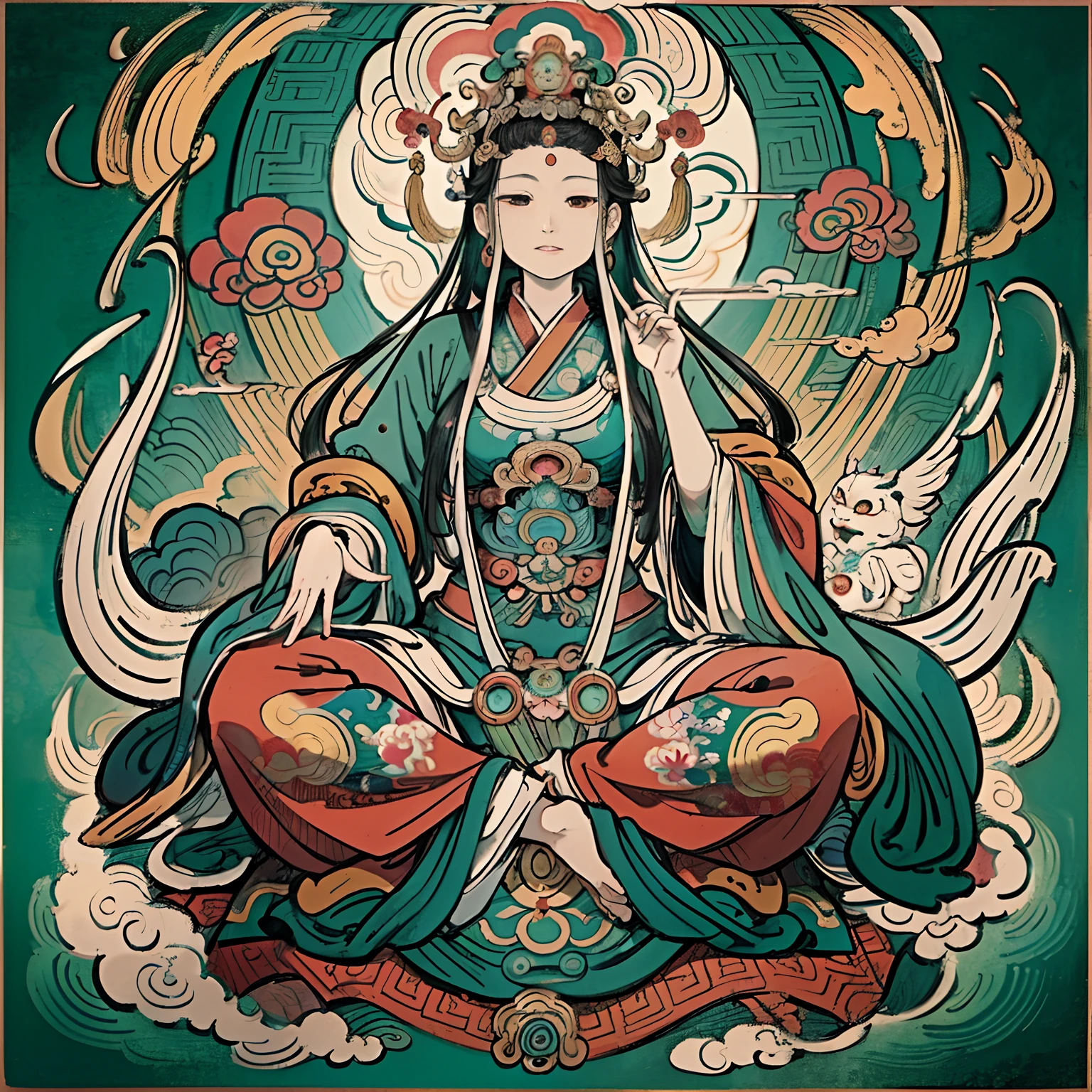 an ancient Chinese goddess, guanyin of the southern seas, Guanyin, Inspired by India, Avalokiteshvara rides a phoenix，,Serene expression,shui mo hua,Buddha,Buddhist,Lotus,Chinese painting style,Thangka style