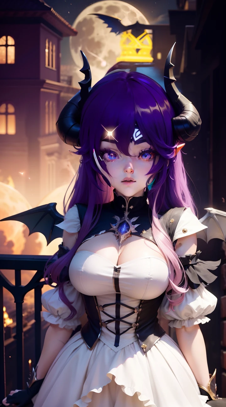 Anime character with horns and a heavy cybe parapet in the colors white dark pink standing in front of a full moon, moon clothes, fantasy outfit, in-game render, astral witch clothes, highly detailed full body, anime very detailed, clear outfit design, hair color white dark pink, 8k octae render photo, beautiful celestial demonin with large black cyborg wings on both sides