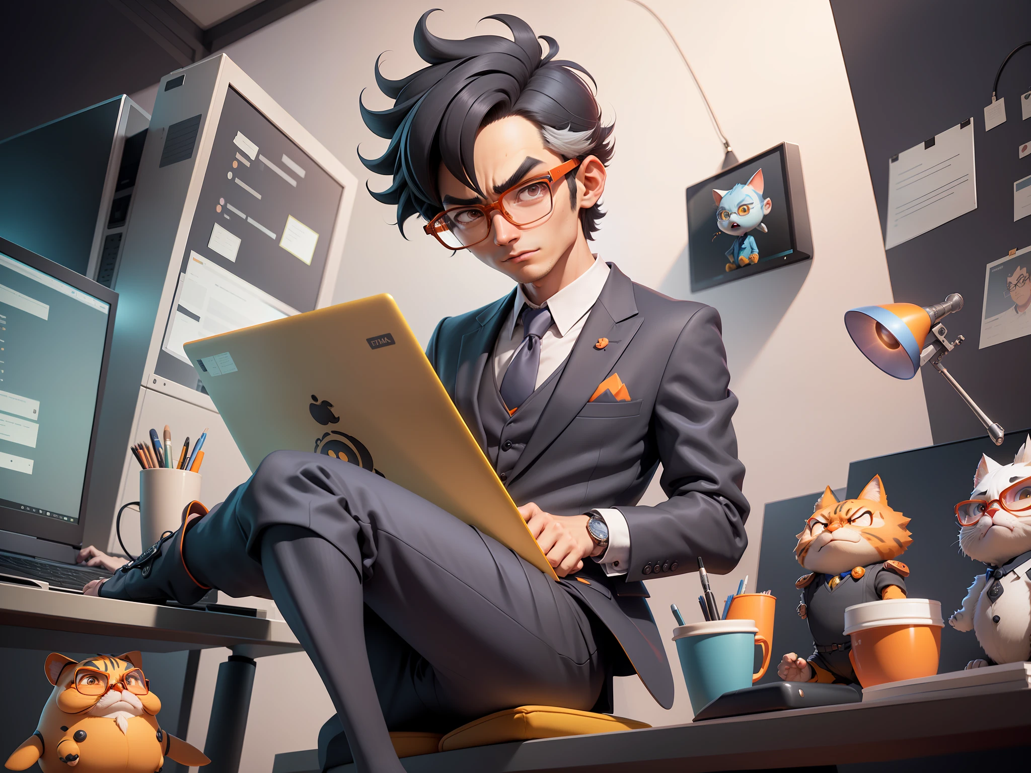 A young man in a suit, Short hair and glasses sat at his desk，holding laptop，digitial painting，tigre，3D character design by Mark Clairen and Pixar and Hayao Miyazaki and Akira Toriyama，4K HD illustration，Very detailed facial features and cartoon-style visuals。