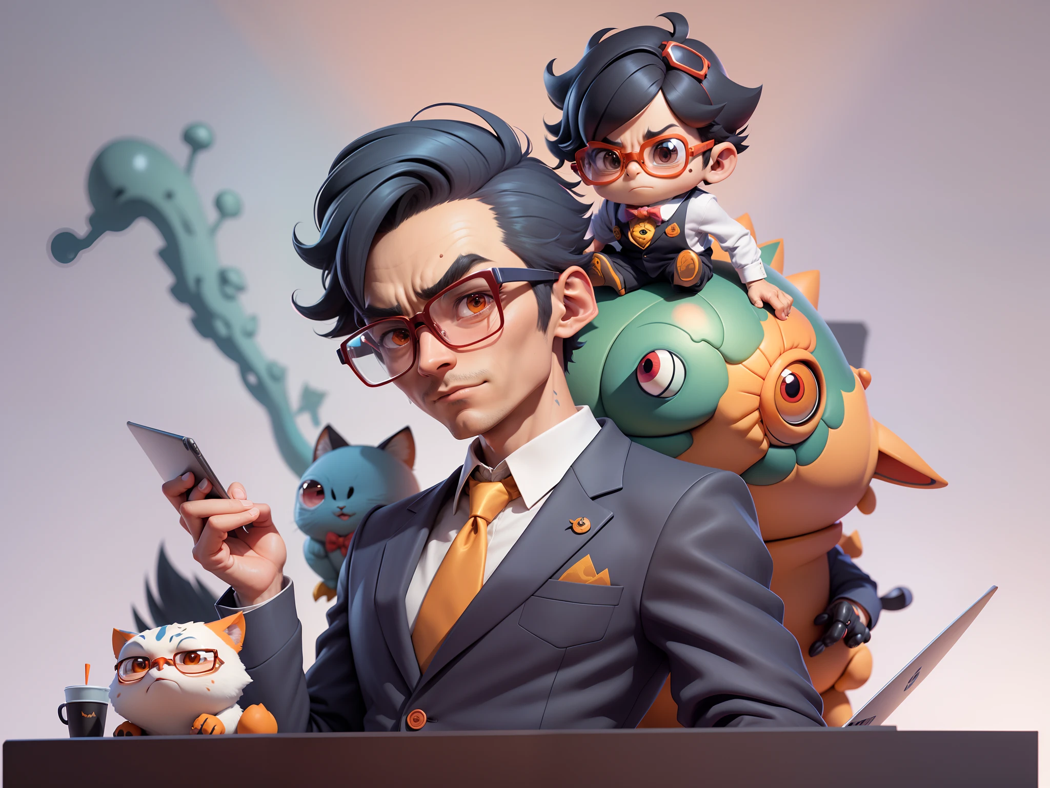 A young man in a suit, Short hair and glasses sat at his desk,holding laptop,digitial painting,tigre,3D character design by Mark Clairen and Pixar and Hayao Miyazaki and Akira Toriyama,4K HD illustration,Very detailed facial features and cartoon-style visuals。