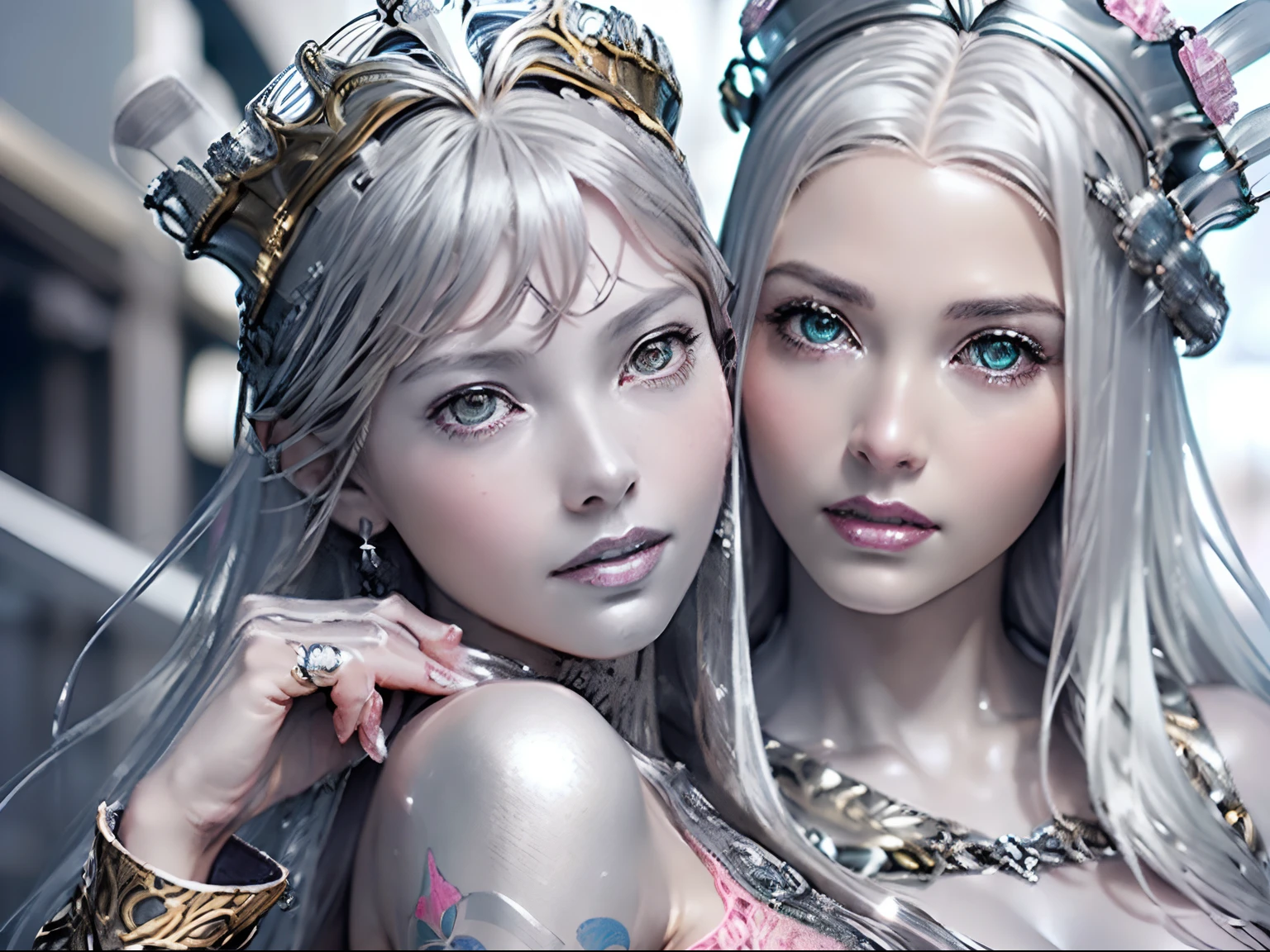 Ultra-detailed complex 3D rendering of the face, (masterpiece, top quality, octane rendering,), glamour shots full body image, very beautiful young elves, cleavage, (highly detailed skin: 1.2), (exposure: 1.1), ((blue micro bikini: 1.95)))). , 8k, (((very soft breasts)), (((conspicuous large pink areola)), beautiful Caucasian woman with white skin with full soft breasts with big buttocks, one, long braided hair, big breasts, dynamic angles, (((huge breasts: 2.4)), ultra-realistic photos, ((((((silver hair)))), futuristic urban background, facial muscles, (((((detailed and glamorous silver crown)))), In the style of Marvel Comics, ArtStation Trends, Clear Focus, Intricate Details, Very Detailed, Detailed Green Eyes, Sharp Focus, Digital Rendering, Professional, Abs, Lip Gloss, Glossy Skin, Sexy Pose, Golden Tattoo All Over Body, Silver Pattern All Over Body, Silver Lame Skin, Gold Glitter Skin, Mansuji, Buttocks, Jeweled All Over the Body, with silver scales, silver hair,