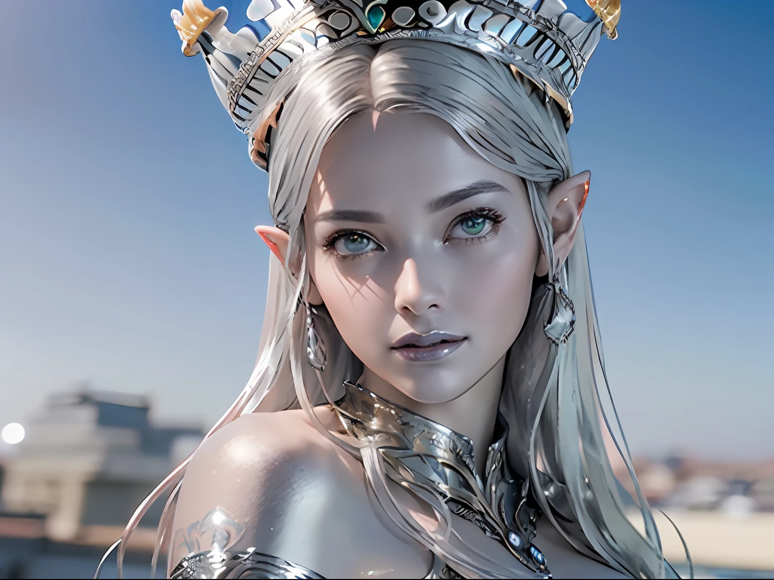 Ultra-detailed complex 3D rendering of the face, (masterpiece, top quality, octane rendering,), glamour shots full body image, very beautiful young elves, cleavage, (highly detailed skin: 1.2), (exposure: 1.1), ((blue micro bikini: 1.95)))). , 8k, (((very soft breasts)), (((conspicuous large pink areola)), beautiful Caucasian woman with white skin with full soft breasts with big buttocks, one, long braided hair, big breasts, dynamic angles, (((huge breasts: 2.4)), ultra-realistic photos, ((((((silver hair)))), futuristic urban background, facial muscles, (((((detailed and glamorous silver crown)))), In the style of Marvel Comics, ArtStation Trends, Clear Focus, Intricate Details, Very Detailed, Detailed Green Eyes, Sharp Focus, Digital Rendering, Professional, Abs, Lip Gloss, Glossy Skin, Sexy Pose, Golden Tattoo All Over Body, Silver Pattern All Over Body, Silver Lame Skin, Gold Glitter Skin, Mansuji, Buttocks, Jeweled All Over the Body, with silver scales, silver hair,