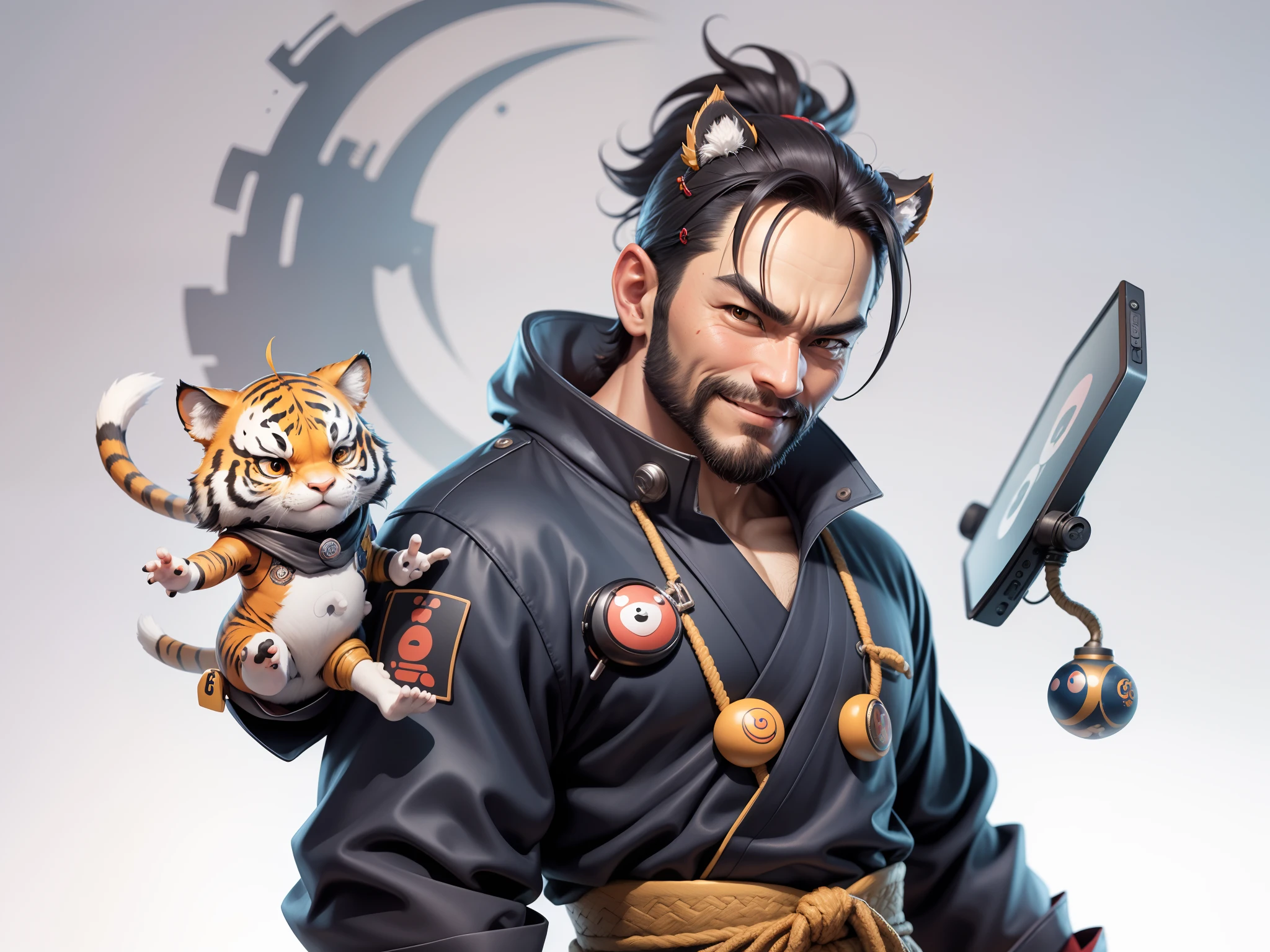 (Daisaku),(Need),(Super meticulous),(full bodyesbian:1.2),Super young man with Japanese geisha，Beautiful，orient，one tiger，Aeolian Thor，Raised sexy，爆乳，Oriental face，TV Anchor，Bust portrait illustration，In black suit，a blue tie，The face is slightly chubby，The face was clean，without a beard，Black super short hair，Black eyes，Smile confidently，3C computer sub-products，iPad， iphone，Digital painting，3D character design by Mark Clairen and Pixar and Hayao Miyazaki and Akira Toriyama，The illustration is a high-definition illustration in 4K resolution，With very detailed facial features and cartoon-style visuals。