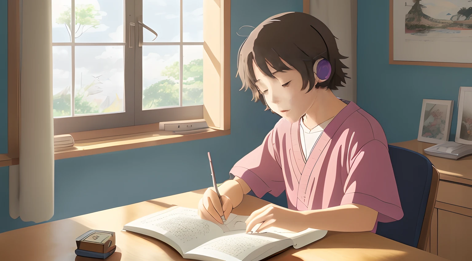 Menino homem anime adolescente em uma mesa escrevendo em um livro, In the style of ghibli animation, Kyoto Animation Still, Estilo Makoto Shinkai, Makoto Shinkai. —h 2160, filme de anime ainda, Makoto Shinkai. digital render, menina lofi, Makoto Shinkai Estilo de Arte, anime ainda filme anime shikishi, Elogio Artstyle