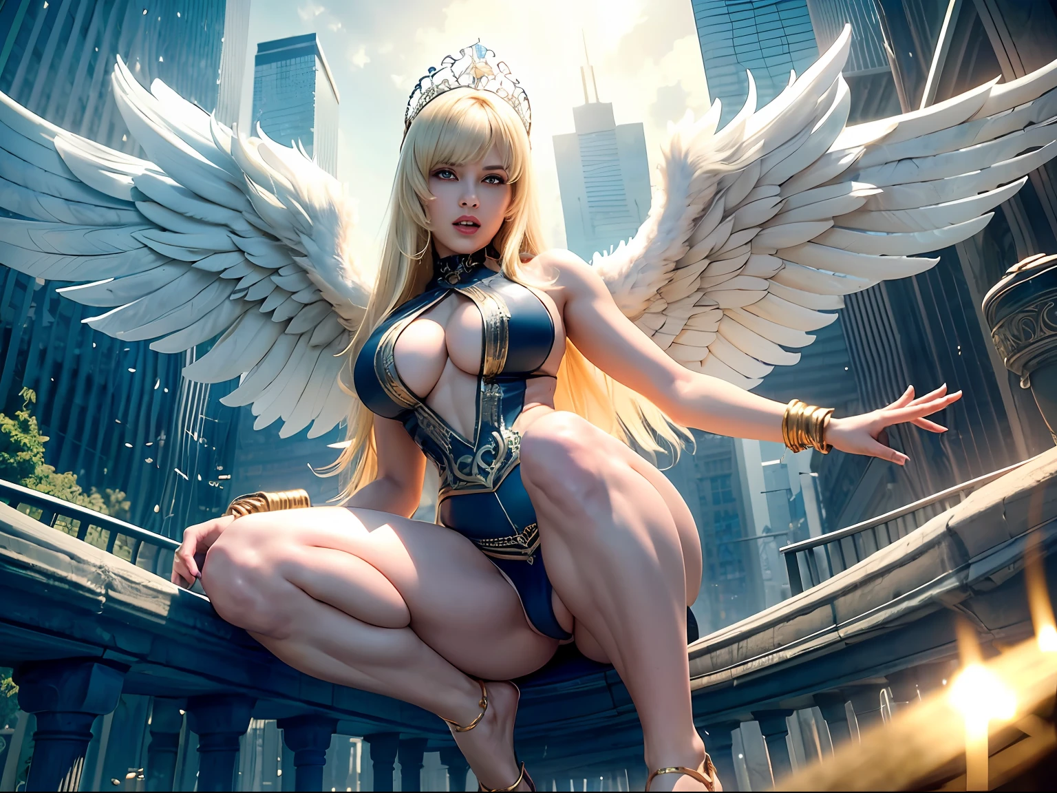 Ultra-detailed complex 3D rendering of the face, (Colossal: 8.8), (masterpiece, top quality, octane rendering, 8K), glamour shot full body image, cleavage, (highly detailed skin: 1.2), (exposure: 1.1), (blonde), (wearing a plummet tank top of gold silk: 1.5)), blonde hair, beautiful Caucasian woman with full soft breasts and white skin, one with big ass, long braided hair, big breasts, dynamic angle, mystical expression, ultra-realistic photography, (((((portrait))), bare feet, futuristic city background, facial muscles, detailed and beautiful queen tiara, in the style of Marvel Comics, clear focus, studio photography, intricate details, highly detailed, detailed yellow eyes, sharp focus, digital rendering, professional, abs, ((((sexy pose))), natural jungle, open mouth lightly, mansle, open crotch, seductive look, angel ring, detailed angel wings, angel ring, detailed mouth inside,