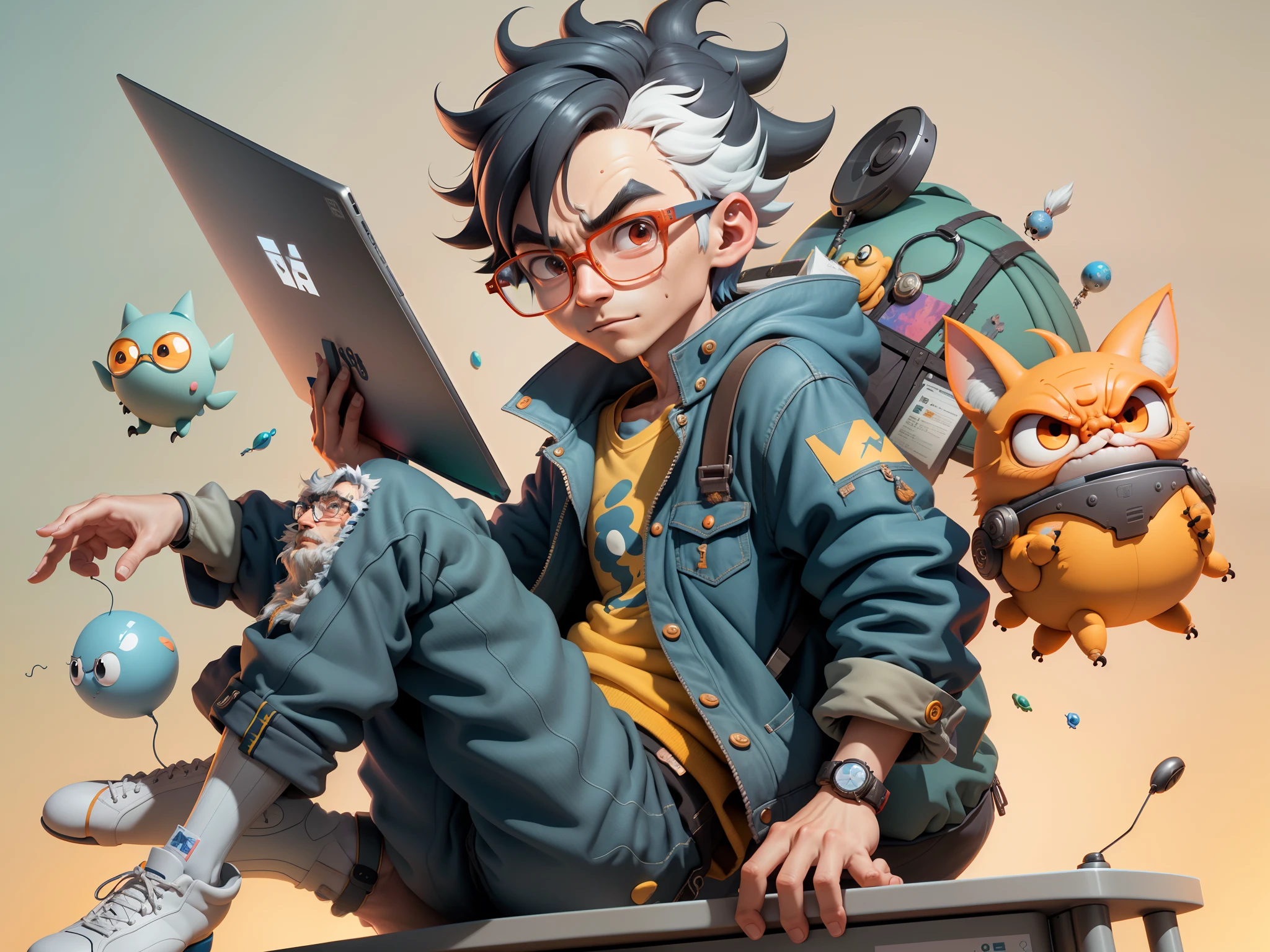 A young man with glasses sits at his desk，holding laptop，digitial painting，3D character design by Mark Clairen and Pixar and Hayao Miyazaki and Akira Toriyama，4K HD illustration，Very detailed facial features and cartoon-style visuals。