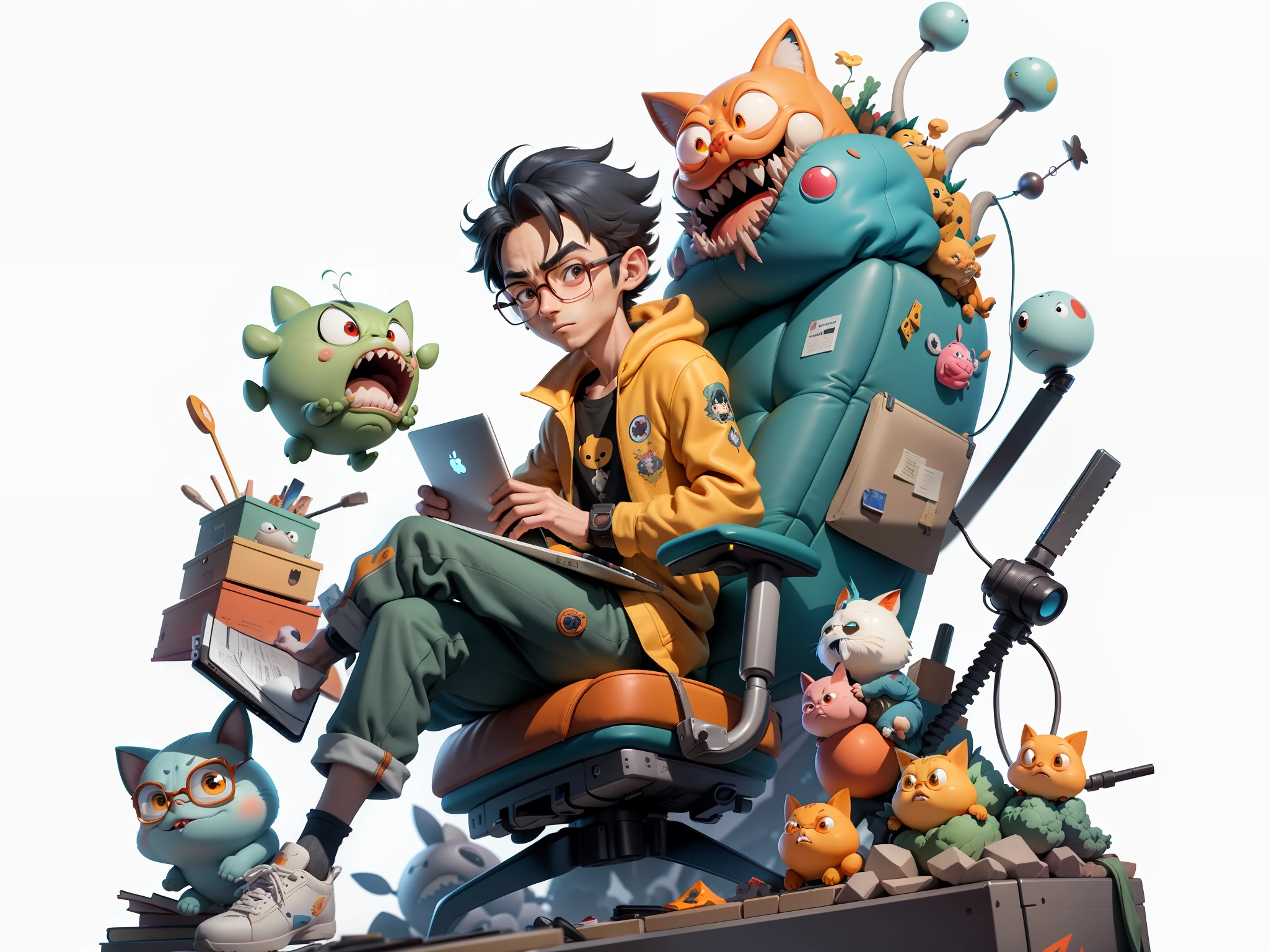 A young man with glasses sits at his desk，holding laptop，digitial painting，3D character design by Mark Clairen and Pixar and Hayao Miyazaki and Akira Toriyama，4K HD illustration，Very detailed facial features and cartoon-style visuals。