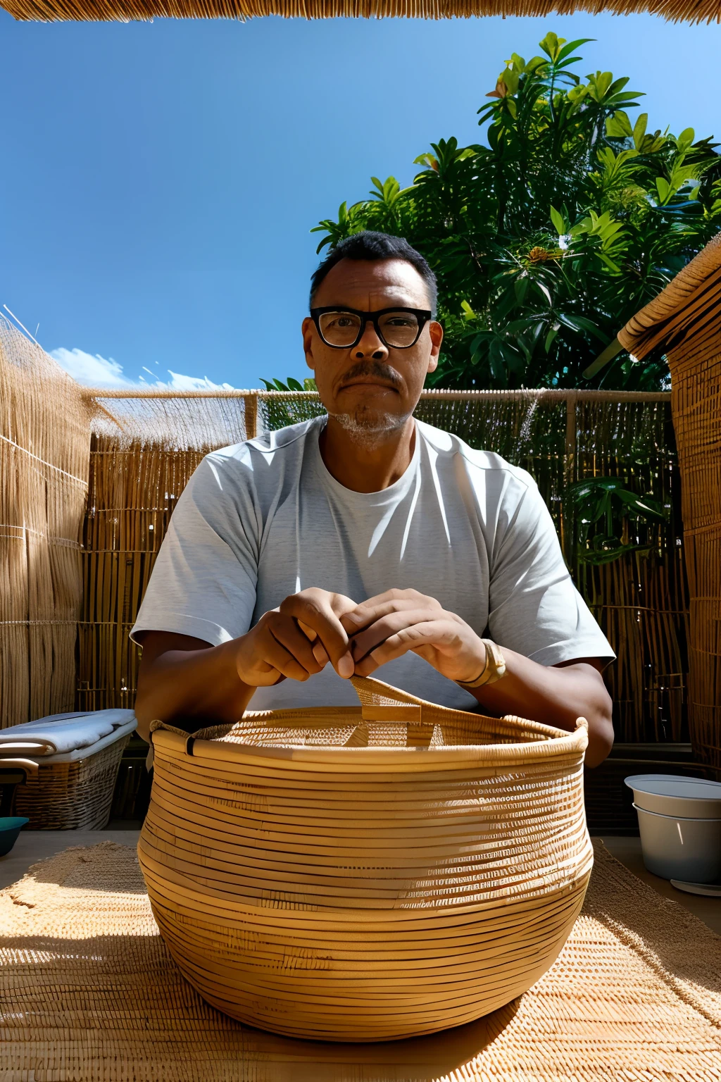 guttonervision8, A studio photograph of a man wearing glasses, positioned inside a basket woven from straw and bamboo, placed atop a table. The scene is meticulously detailed, with the weave of the basket and the texture of the materials rendered with hiper-realistic precision. The lighting technique used is chiaroscuro, casting deep shadows and stark contrasts on the man's face and the basket. The image focuses on capturing every intricate detail, from the man's facial features behind the glasses to the individual strands of straw in the basket's construction. The overall effect is a visually stunning play of light and shadow, emphasizing the tactile qualities of the subjects, Photography, captured with a Canon EOS R5 and a macro lens