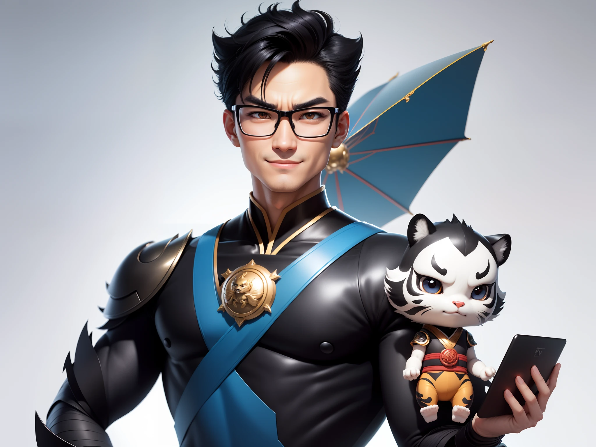 (Masterpiece), (Excellent), (Super Meticulous), (Full Body: 1.2), Super Young Man with Japanese Female Geisha, Pretty, Beautiful, Chinese Dragon, Tiger, Wind God Thor, Sexy, Bursting, Oriental Face, TV Anchor, Bust Portrait Illustration, Black Suit, Blue Tie, Slightly Chubby Face, Silver Glasses, Very Clean Face, No Beard on Chin, Black Super Short Hair, Black Eyes, Confident Smile, 3c Computer Sub-Products, iPad, iPhone, Digital Painting, 3D character design by Mark Clairedon and Pixar and Hayao Miyazaki and Akira Toriyama, the illustrations are HD illustrations in 4K resolution with highly detailed facial features and cartoon-style visuals.