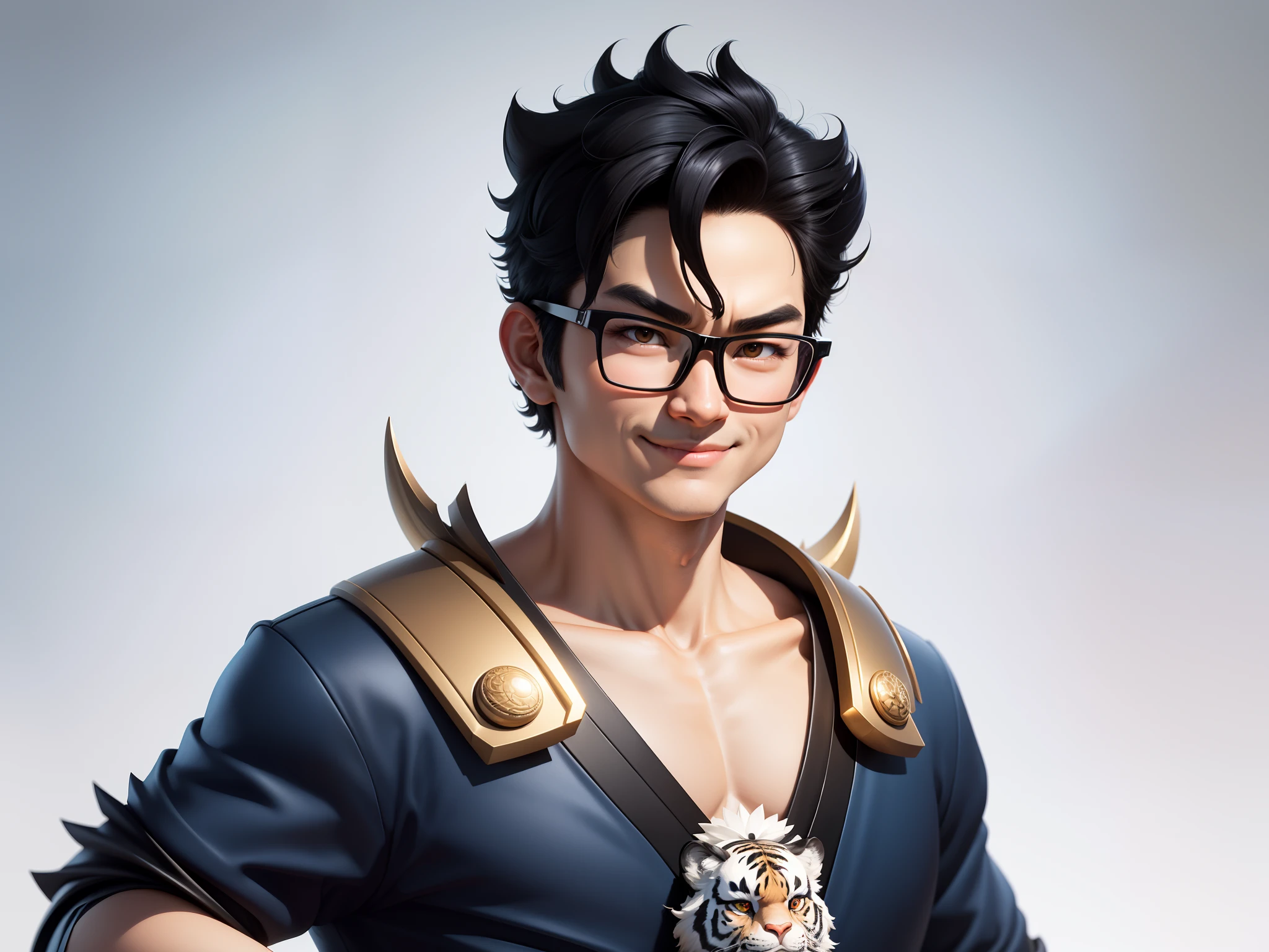 (Masterpiece), (Excellent), (Super Meticulous), (Full Body: 1.2), Super Young Man with Japanese Female Geisha, Pretty, Beautiful, Chinese Dragon, Tiger, Wind God Thor, Sexy, Bursting, Oriental Face, TV Anchor, Bust Portrait Illustration, Black Suit, Blue Tie, Slightly Chubby Face, Silver Glasses, Very Clean Face, No Beard on Chin, Black Super Short Hair, Black Eyes, Confident Smile, 3c Computer Sub-Products, iPad, iPhone, Digital Painting, 3D character design by Mark Clairedon and Pixar and Hayao Miyazaki and Akira Toriyama, the illustrations are HD illustrations in 4K resolution with highly detailed facial features and cartoon-style visuals.