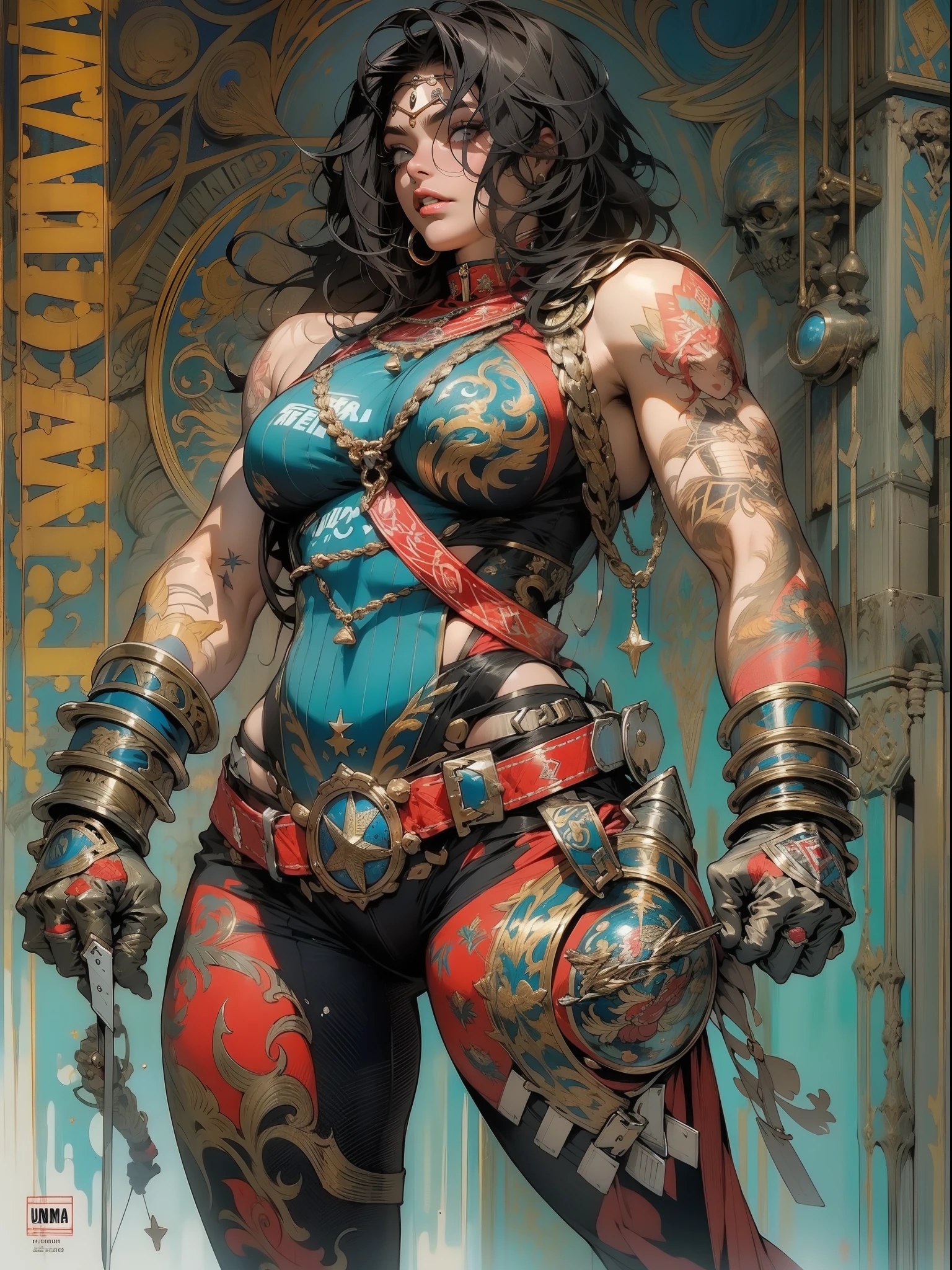 (((mulher))), (((melhor qualidade))), (((obra prima))), (((adulta))), Uma guerreira mulher de 35 anos com corpo perfeito, Brooklyn Gladiators, hand with steel gloves and metal tips, (( under boobs )), quase nua no estilo selvagem urbano de Simon Bisley para a capa da revista Heavy Metal, bionic hand, cabelo moicano colorido, Minimum clothing, armadura (azul escuro com estrelas brancas e vermelho com listras brancas), cheio de pontas e rebites manchadas de tinta, tatuagem de estrelas de 5 pontas, (((corpo inteiro))), cabelo preto curto com franja branca cobrindo a testa