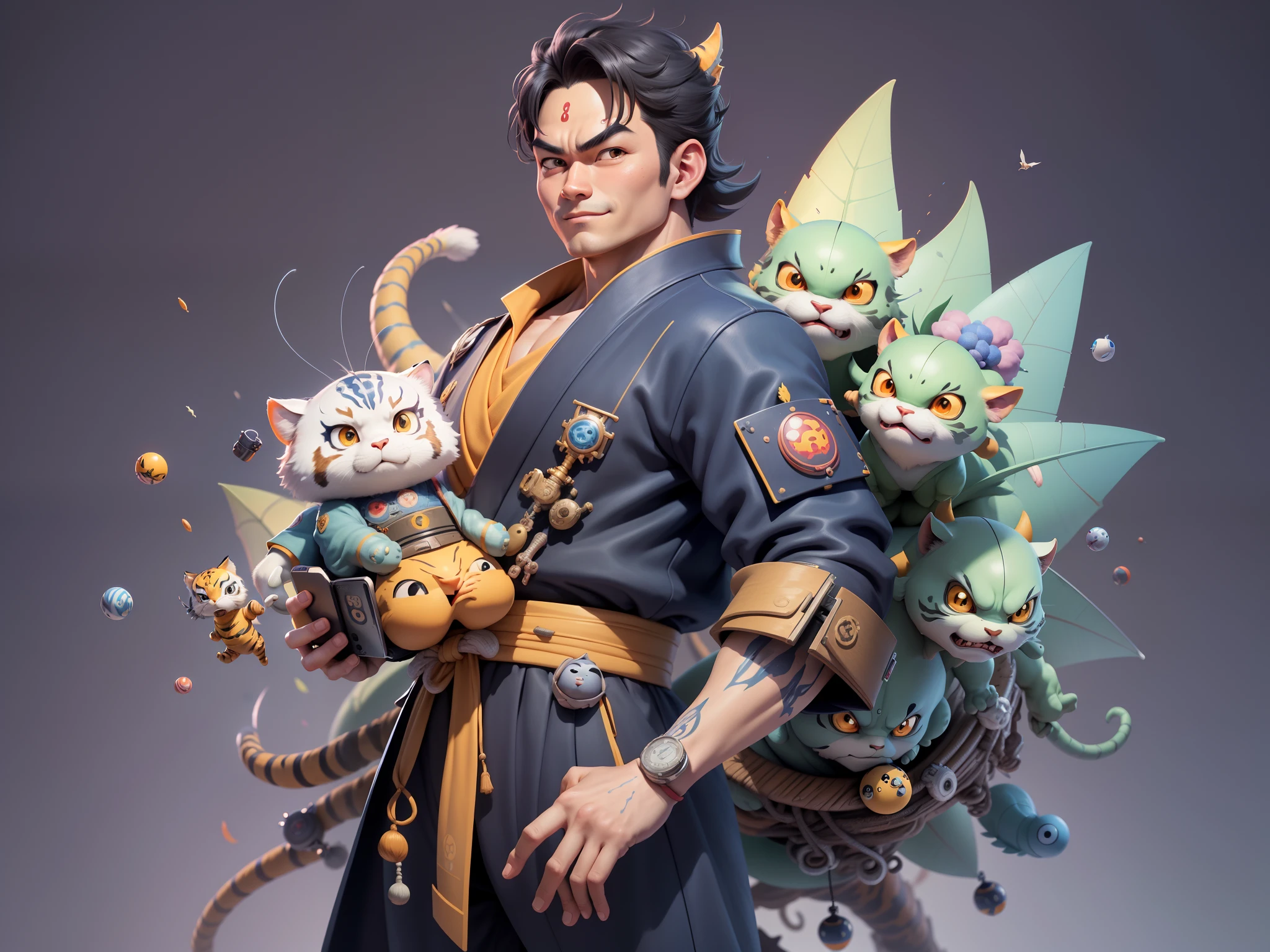 (Masterpiece), (Excellent), (Super Meticulous), (Full Body: 1.2), Super Young Man, Oriental Face, Japanese Kimono, Japanese Wind Thunder God, Dragon, Tiger, TV Anchor, Bust Portrait Illustration, Alone, Black Suit, Blue Tie, Slightly Chubby Face, Very Clean Face, No Beard, Black Super Short Hair, Black Eyes, Confident Smile, 3c Computer Sub-Products, iPad, iPhone, Digital Painting, 3D Character Design by Akira Toriyama and Mark Claireden and Pixar and Hayao Miyazaki, The illustration is a high-definition illustration in 4K resolution with very detailed facial features and cartoon-style visuals.