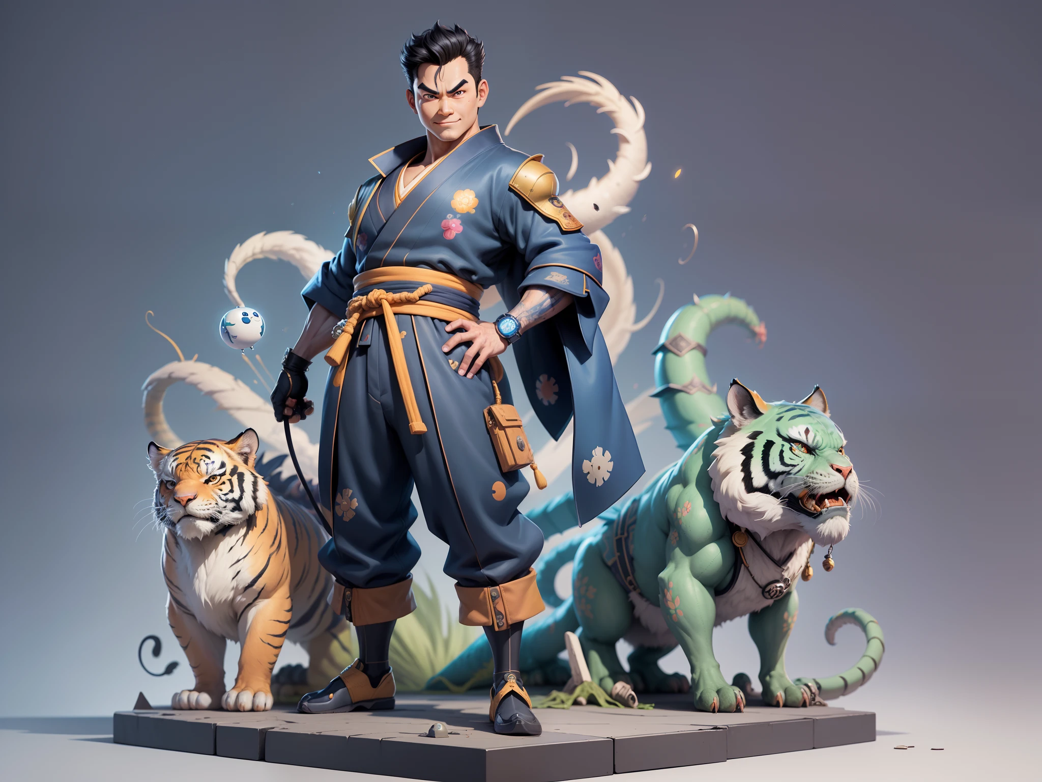 (Masterpiece), (Excellent), (Super Meticulous), (Full Body: 1.2), Super Young Man, Oriental Face, Japanese Kimono, Japanese Wind Thunder God, Dragon, Tiger, TV Anchor, Bust Portrait Illustration, Alone, Black Suit, Blue Tie, Slightly Chubby Face, Very Clean Face, No Beard, Black Super Short Hair, Black Eyes, Confident Smile, 3c Computer Sub-Products, iPad, iPhone, Digital Painting, 3D Character Design by Akira Toriyama and Mark Claireden and Pixar and Hayao Miyazaki, The illustration is a high-definition illustration in 4K resolution with very detailed facial features and cartoon-style visuals.