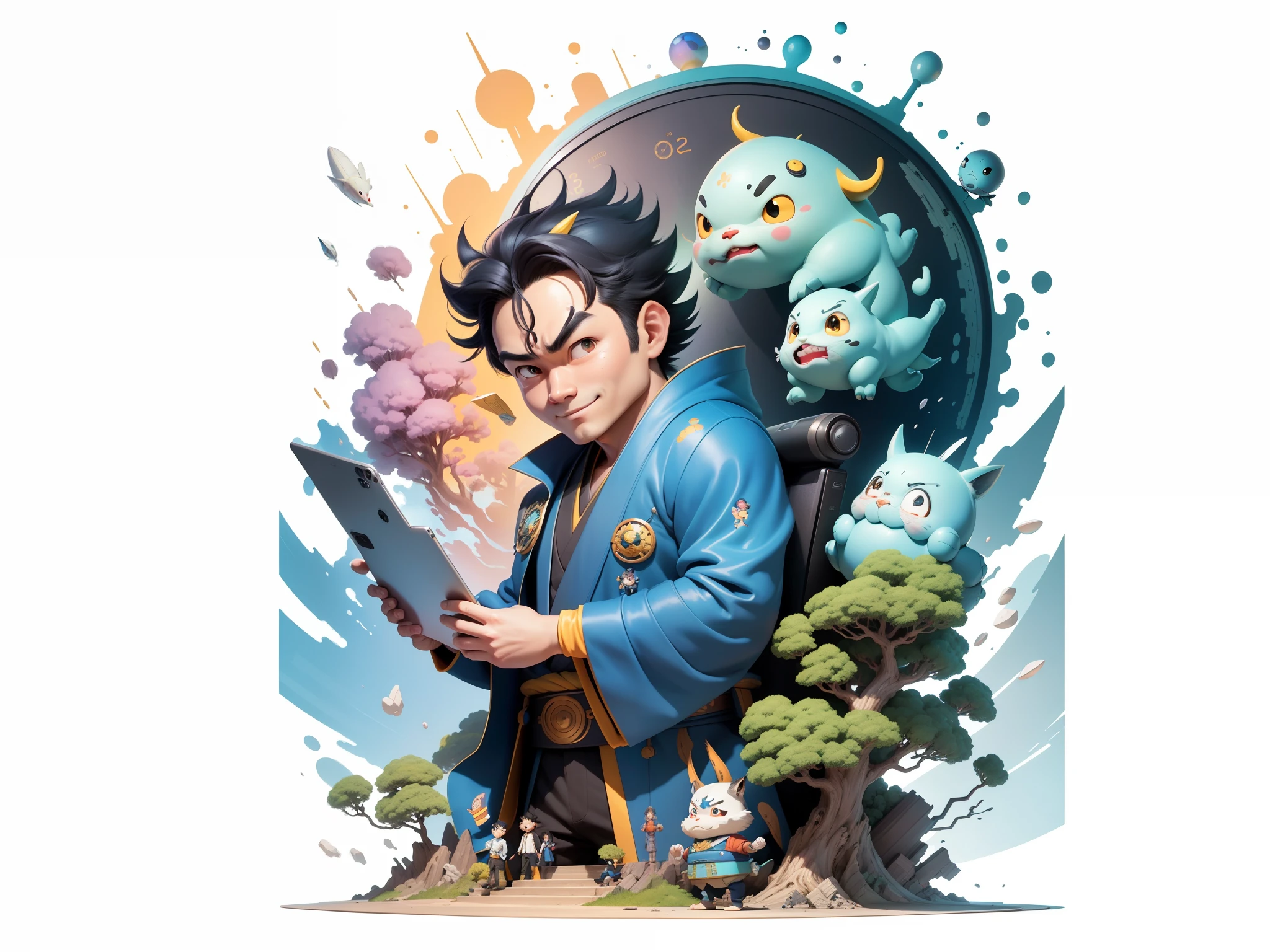 (Masterpiece), (Excellent), (Super Meticulous), (Full Body: 1.2), Super Young Man, Oriental Face, Japanese Kimono, Japanese Wind Thunder God, Dragon, Tiger, TV Anchor, Bust Portrait Illustration, Alone, Black Suit, Blue Tie, Slightly Chubby Face, Very Clean Face, No Beard, Black Super Short Hair, Black Eyes, Confident Smile, 3c Computer Sub-Products, iPad, iPhone, Digital Painting, 3D Character Design by Akira Toriyama and Mark Claireden and Pixar and Hayao Miyazaki, The illustration is a high-definition illustration in 4K resolution with very detailed facial features and cartoon-style visuals.