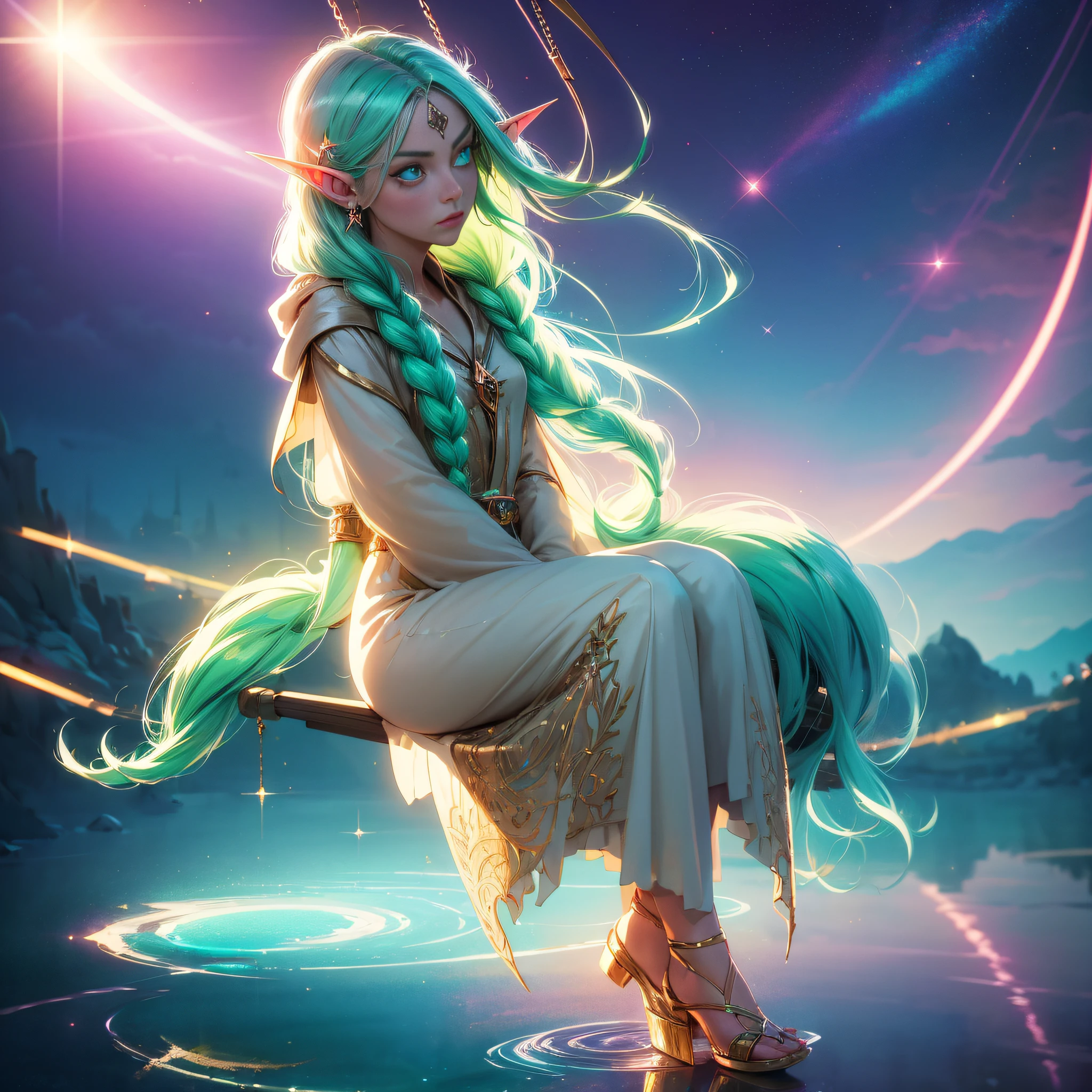 sitting on a swing, CLENCHING HANDS,full body, 1girl, elf ears, elven princess, green hair, gradient hair, long braid hair, dreadlocks, hairclip, hair ornament, jewelry, forehead jewel, hood down, star-shaped pupils, gradient eyes, aqua eyes, pointy ears, crystal earrings, serious, bright pupils, flustered, anime, anime style, anime, anime, sparkle, glowing light, reflection light, vignetting, reference sheet, from side, lens flare, ((masterpiece))