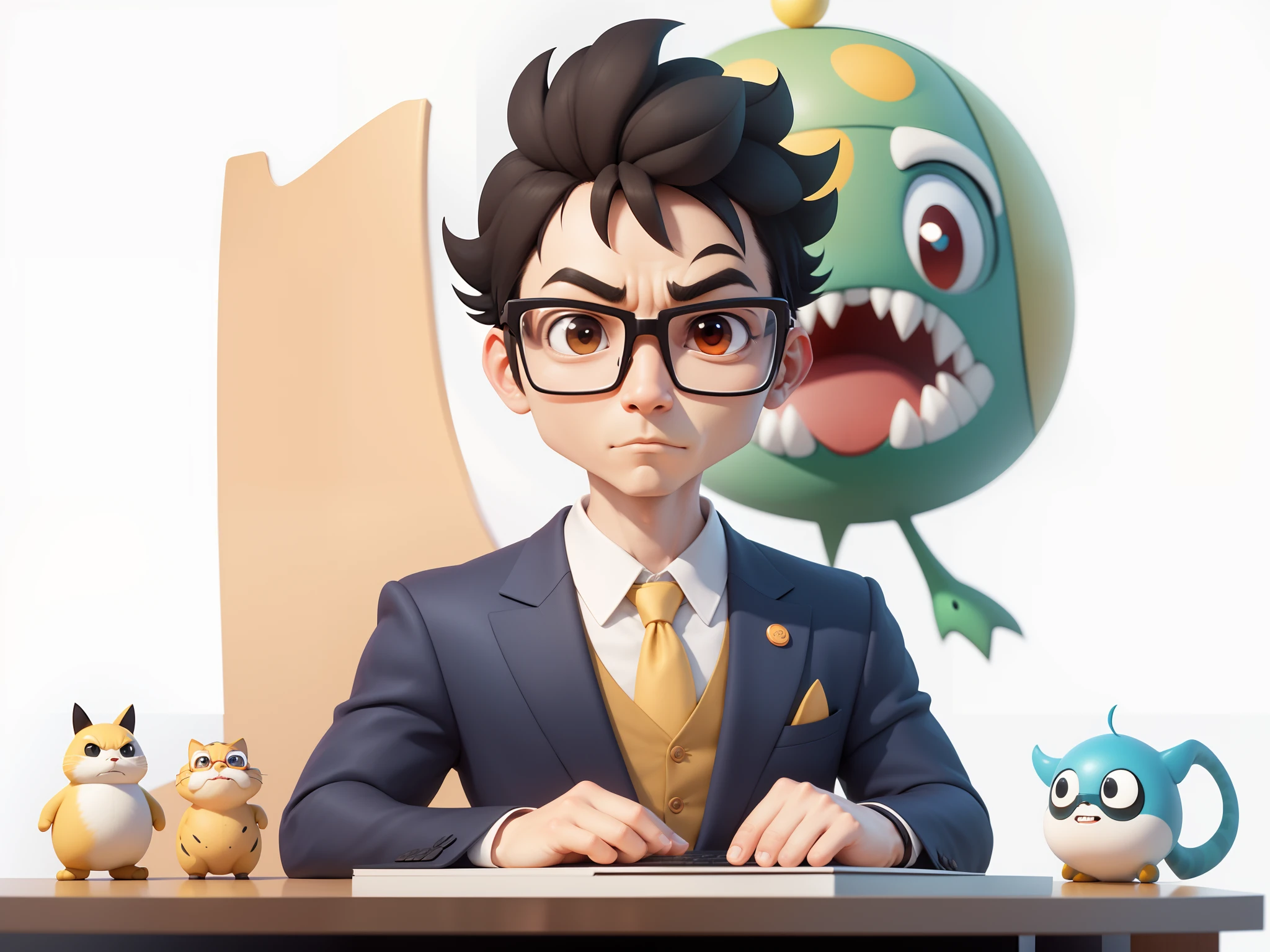 A young man in a suit, Short hair and glasses sat at his desk，holding laptop，digitial painting，tigre，3D character design by Mark Clairen and Pixar and Hayao Miyazaki and Akira Toriyama，4K HD illustration，Very detailed facial features and cartoon-style visuals。