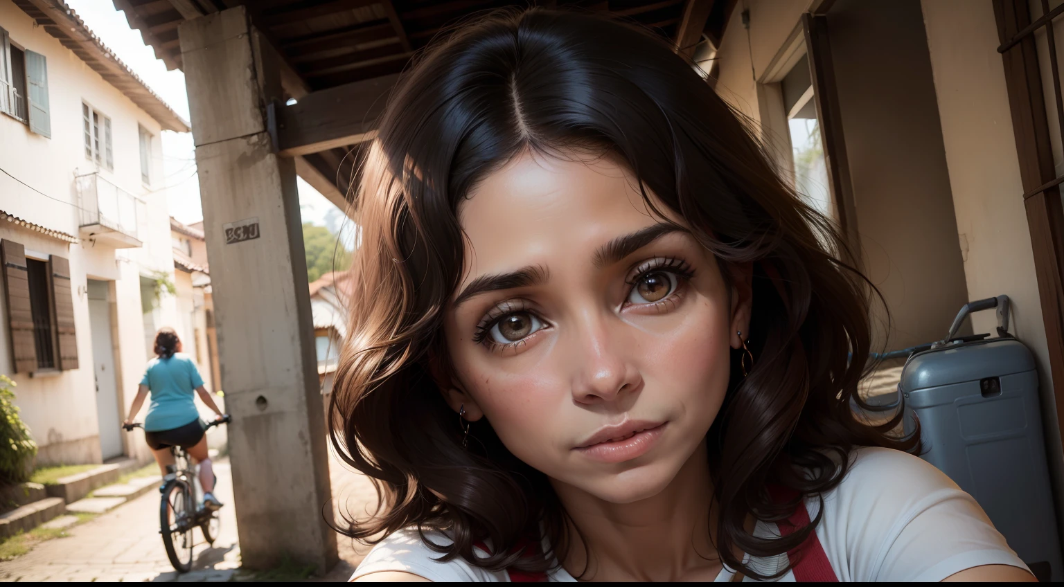 Retrato do mulher latina, 30 anos , com e olhos de anjo, medium hair, chegando um um vila gero remoto, de bicicleta, encontrando pessoas, com seu cachorro marrom