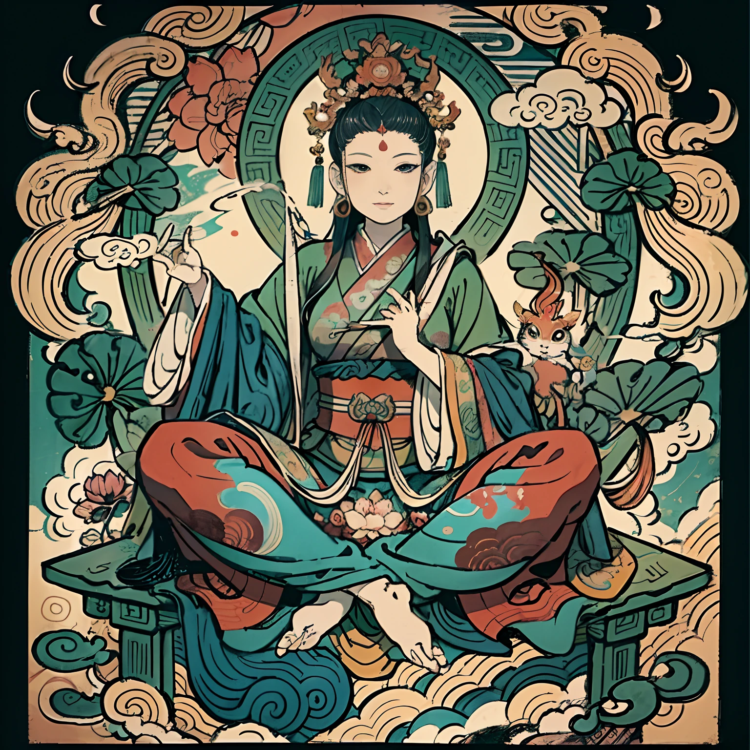 an ancient Chinese goddess, guanyin of the southern seas, Guanyin, Inspired by India, Avalokiteshvara rides the phoenix,,Serene expression,shui mo hua,Buddha,Buddhist,Lotus,Chinese painting style,Thangka style