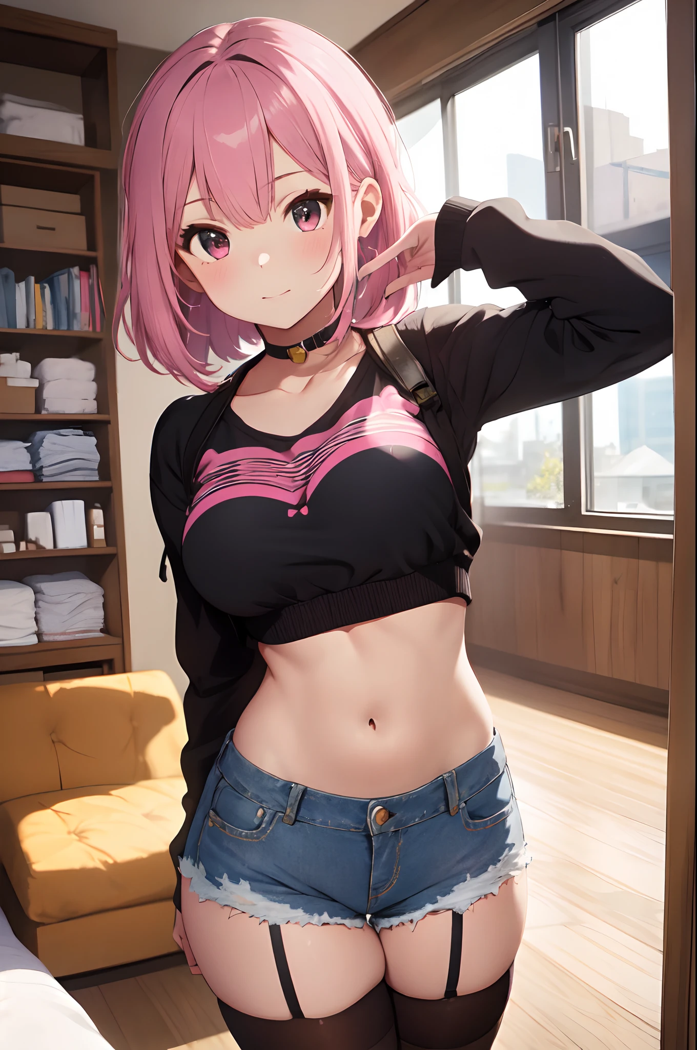 (masterpiece, best quality), 1girl, pink hair, crop top, denim shorts, bedroom, striped thighhighs,