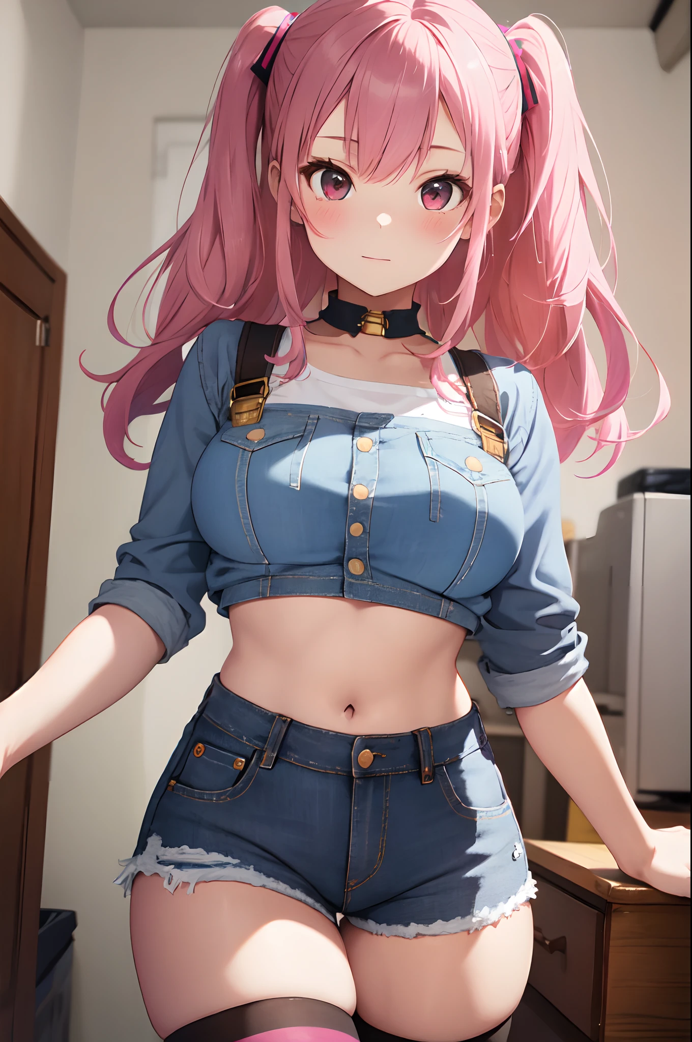 (masterpiece, best quality), 1girl, pink hair, crop top, denim shorts, bedroom, striped thighhighs,