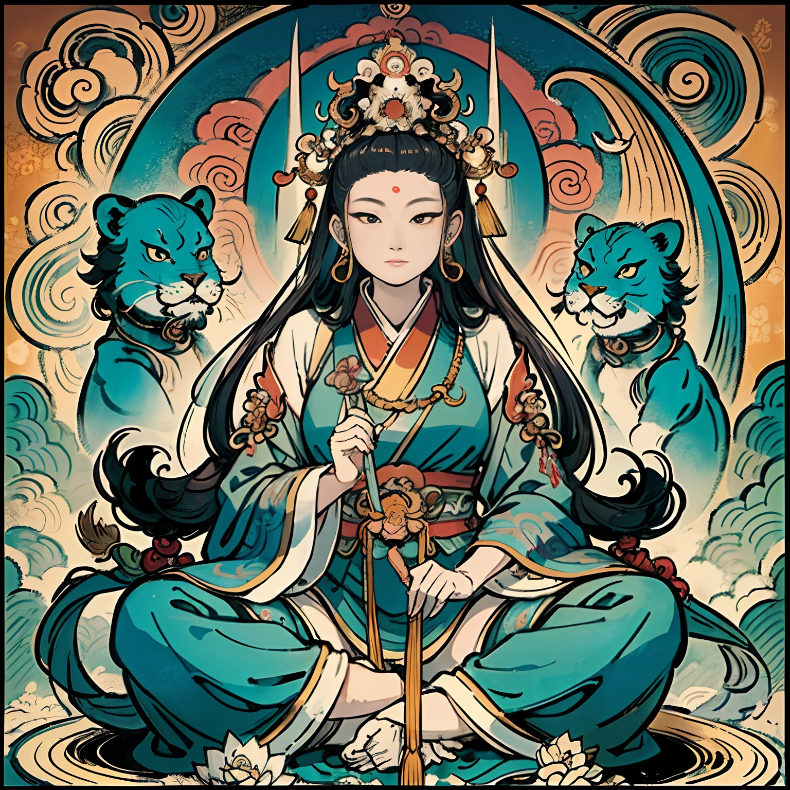 an ancient Chinese goddess, guanyin of the southern seas, Guanyin, Inspired by India, Avalokiteshvara rides a lion,,Serene expression,shui mo hua,Buddha,Buddhist,Lotus,Chinese painting style,Thangka style