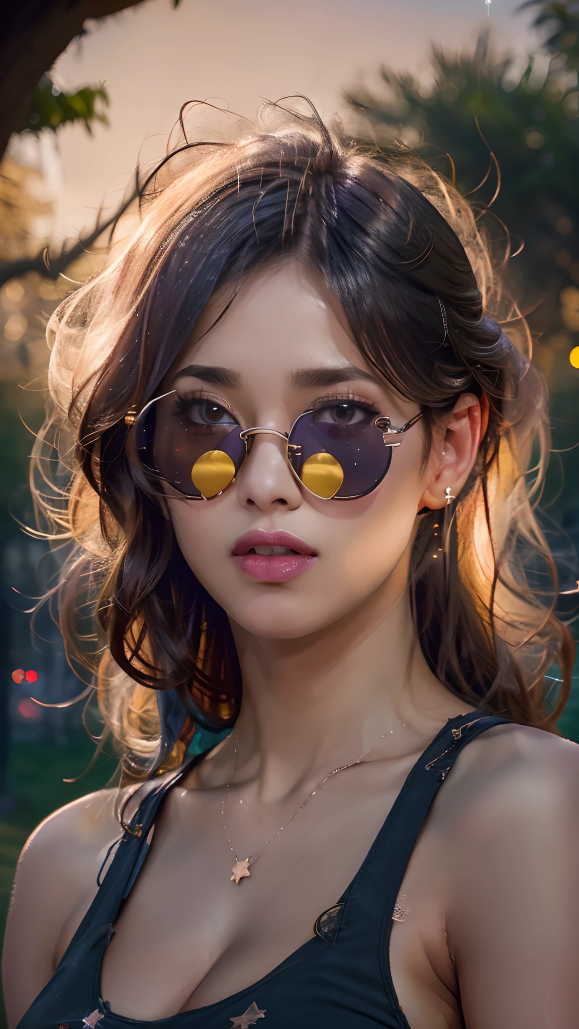 cleavage, Pretty woman, da_Top, Close -up, crop top, detailed face, Top tank corpus luteum, hair, park, sky, trees, pale skin, moonlight, stars, 1girl, Distinctive sunglasses, Big breasts ,young, bright colours, Bokeh background, Subject to confirm,Dramatic colors , He's realistic, 巨作, Best Quality, nsfw