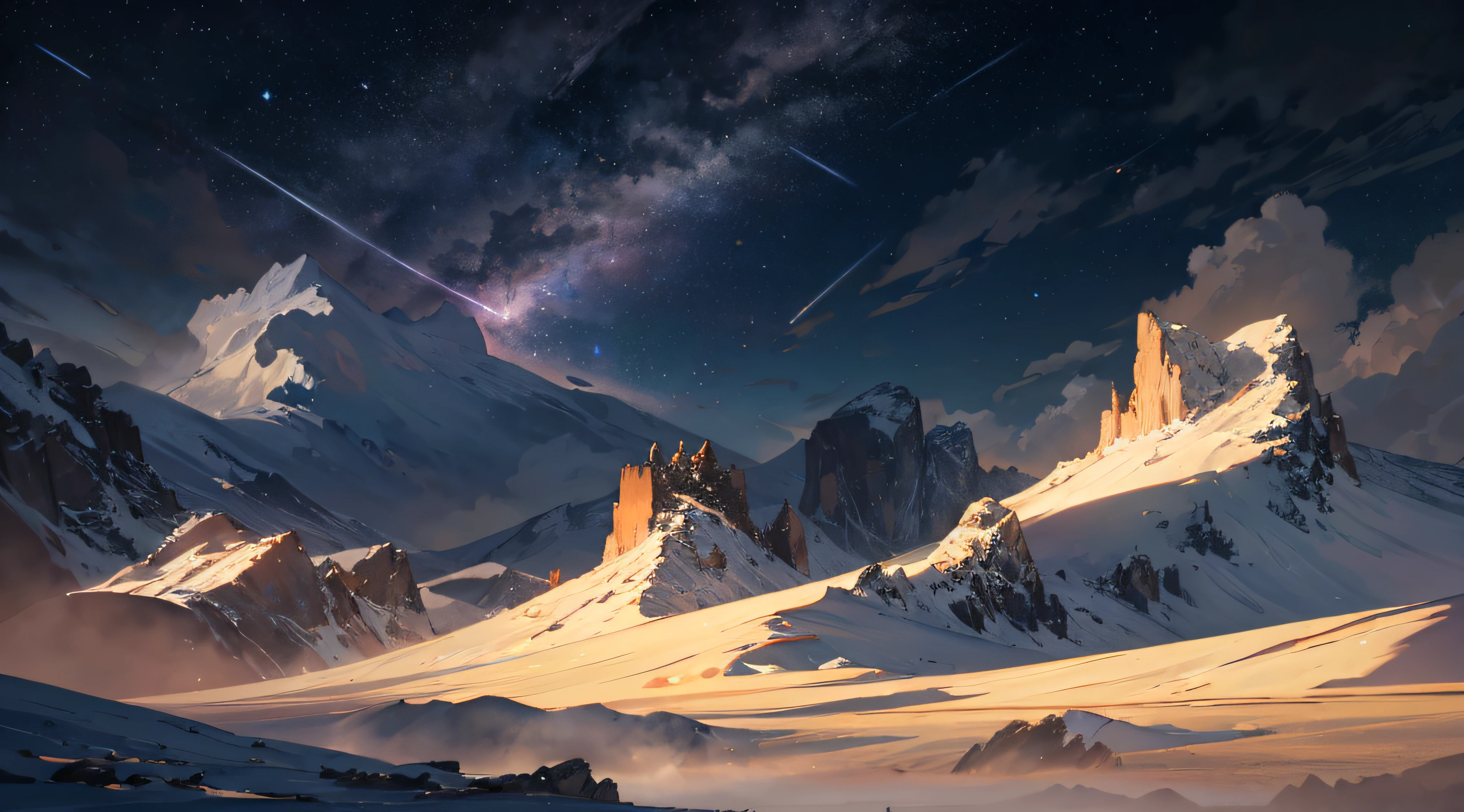 Expansive landscape photograph,(moon full:1.2),(meteors:0.9),(Starcloud:1.3),(Warm light source:1.2),(glowworm:1.2),lamp lights,Lots of purple and orange,Complicated details,Volumetriclighting,Realism BREAK(tmasterpiece:1.2),(best qualtiy),8K,Ultra-detailed,(dynamic compositions:1.4),The is very detailed,Colorful details,(Irridescent color:1.2),(luminouslighting,Atmospheric lighting),dream magical,magical,(独奏:1.2),((best qualtiy)), ((tmasterpiece)), (the detail:1.4),depth of fields,maximum definition and sharpness,perfectly proportions,Fluttering clouds,Wallpapers
