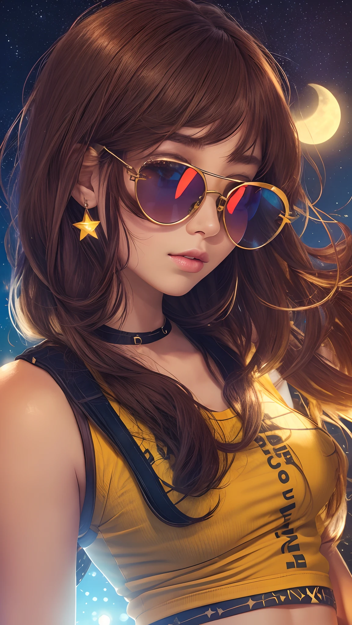 cleavage, a beautiful woman, from_above, close-up, crop top, detailed face, yellow bodycon tank top, hair, park, sky, trees, pale skin, moonlight, stars, 1girl, statement sunglasses, big breasts ,petite, vivid colors, bokeh background, subject for emphasis,dramatic colors , hyperealistic, masterpiece, best quality, nsfw