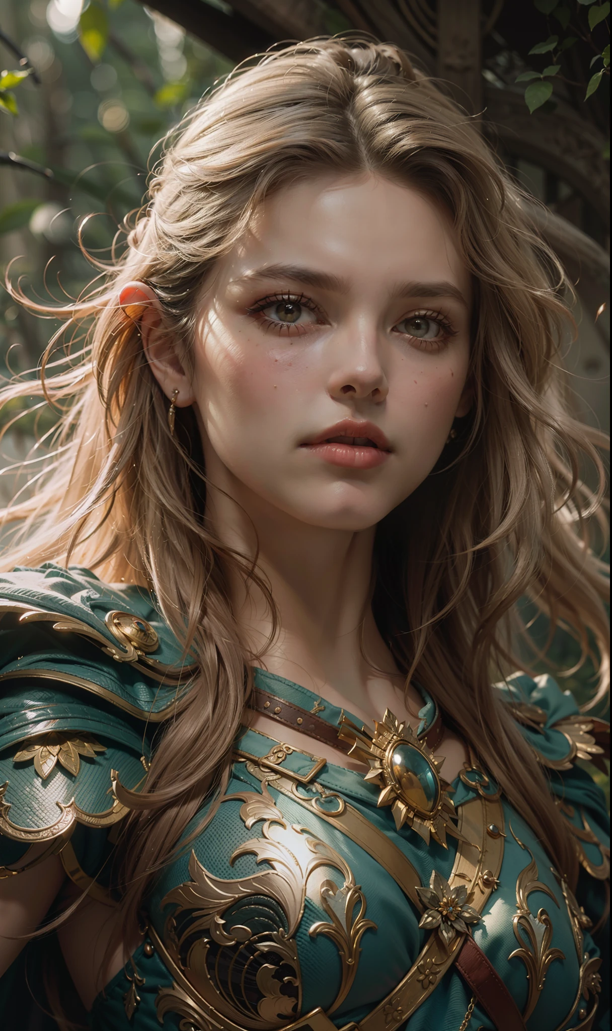 Beautiful painting of Michelle Pfeiffer as perfect female elf warrior, full figure, shapeless long hair, perfect features, (wearing extremely baroque elven armor), abstract beauty, near perfection, pure form, dynamic pose, ethereal background, (deep dark shadows), (strong cinematic lighting), (back lighting), concept art by Greg Rutkowski and John William Waterhouse and Alphonse Mucha, stunning details, intricate details, 8k post-production, High resolution, super details, trending on ArtStation, sharp focus, depth of field f/1.8, studio photos, (((looking at camera))).