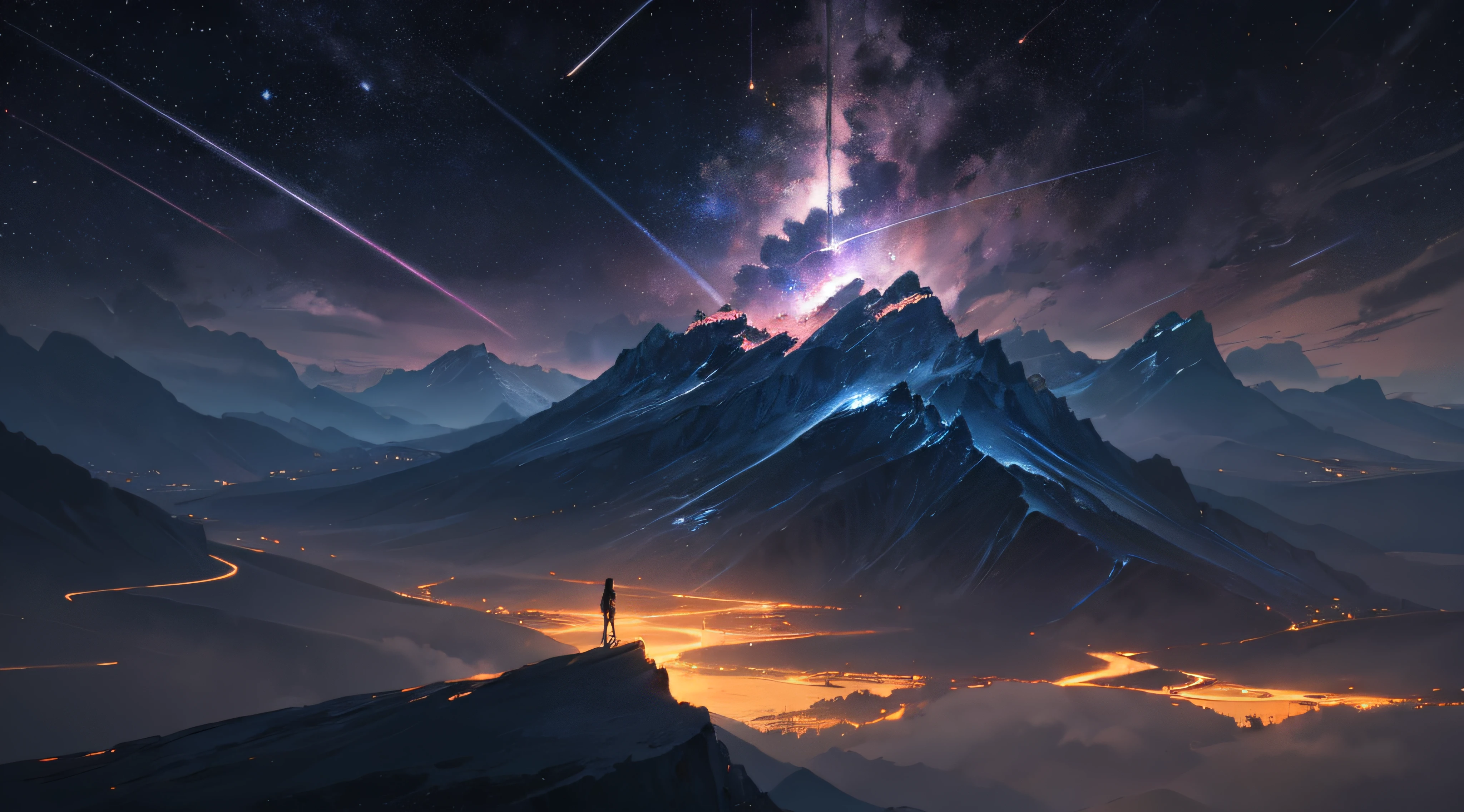 Expansive landscape photograph,(moon full:1.2),(meteors:0.9),(Starcloud:1.3),(Warm light source:1.2),(glowworm:1.2),lamp lights,Lots of purple and orange,Complicated details,Volumetriclighting,Realism BREAK(tmasterpiece:1.2),(best qualtiy),8K,Ultra-detailed,(dynamic compositions:1.4),The is very detailed,Colorful details,(Irridescent color:1.2),(luminouslighting,Atmospheric lighting),dream magical,magical,(独奏:1.2),((best qualtiy)), ((tmasterpiece)), (the detail:1.4),depth of fields,maximum definition and sharpness,perfectly proportions,Fluttering clouds,Wallpapers