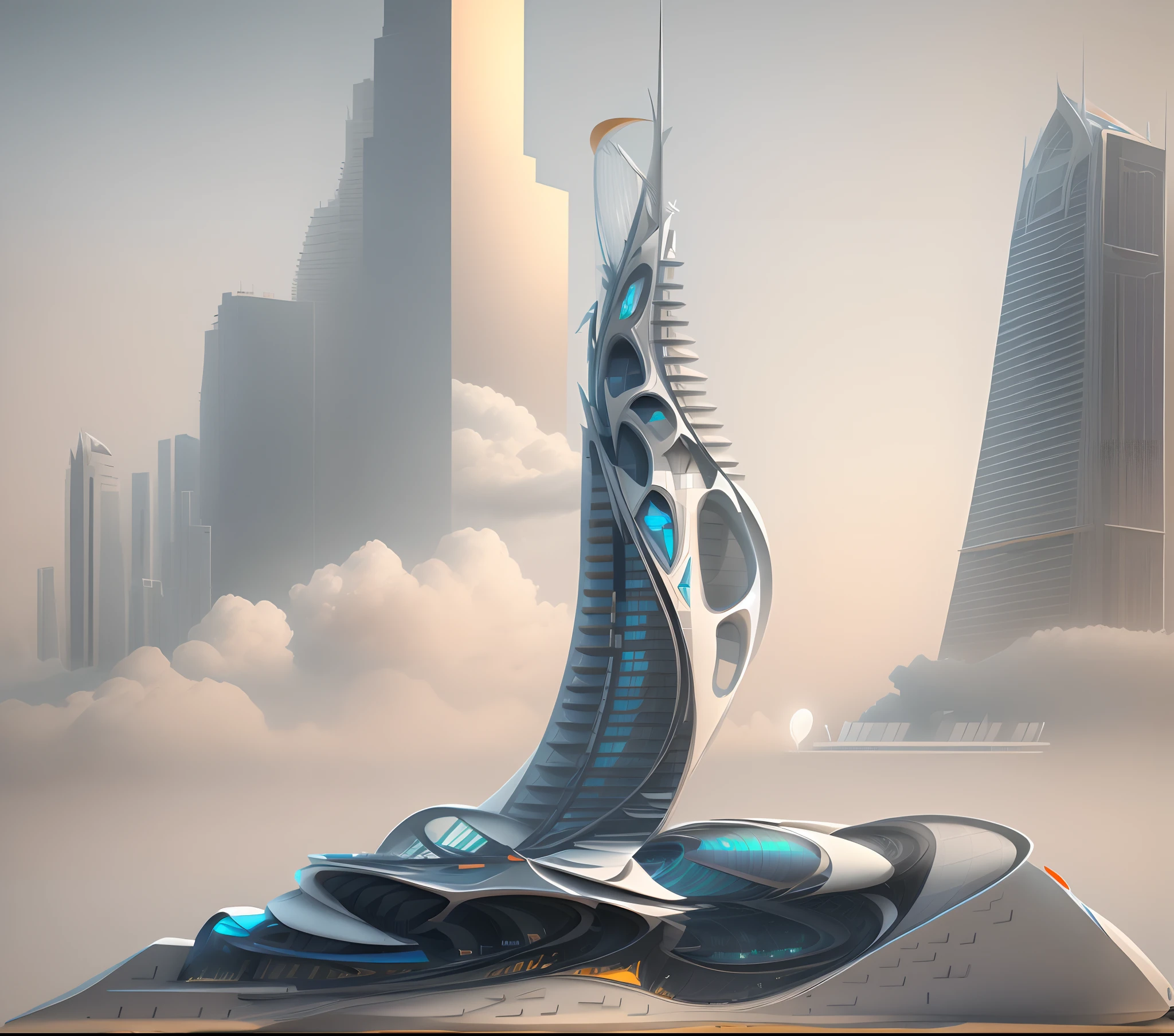 Tall building, Beautiful tower, Future buildings, High-rise building in Dubai, Minute details about the building, Architecture tall obsidian, Inspired by Dubai's Backdrop Tower, In the architectural style of Zaha Hadid, In the style of Zaha Hadid, Concept diagram, Norman Foster style, Concept Drawing, Inspired by Zaha Hadid, Architectural concept, In the background is a clear sky