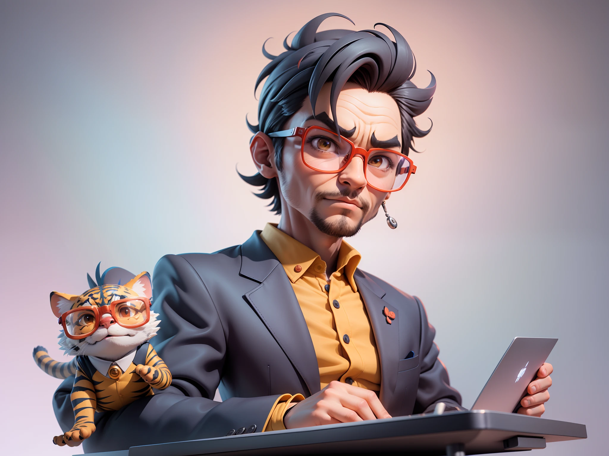 A young man in a suit, Short hair and glasses sat at his desk,holding laptop,digitial painting,tigre,3D character design by Mark Clairen and Pixar and Hayao Miyazaki and Akira Toriyama,4K HD illustration,Very detailed facial features and cartoon-style visuals。