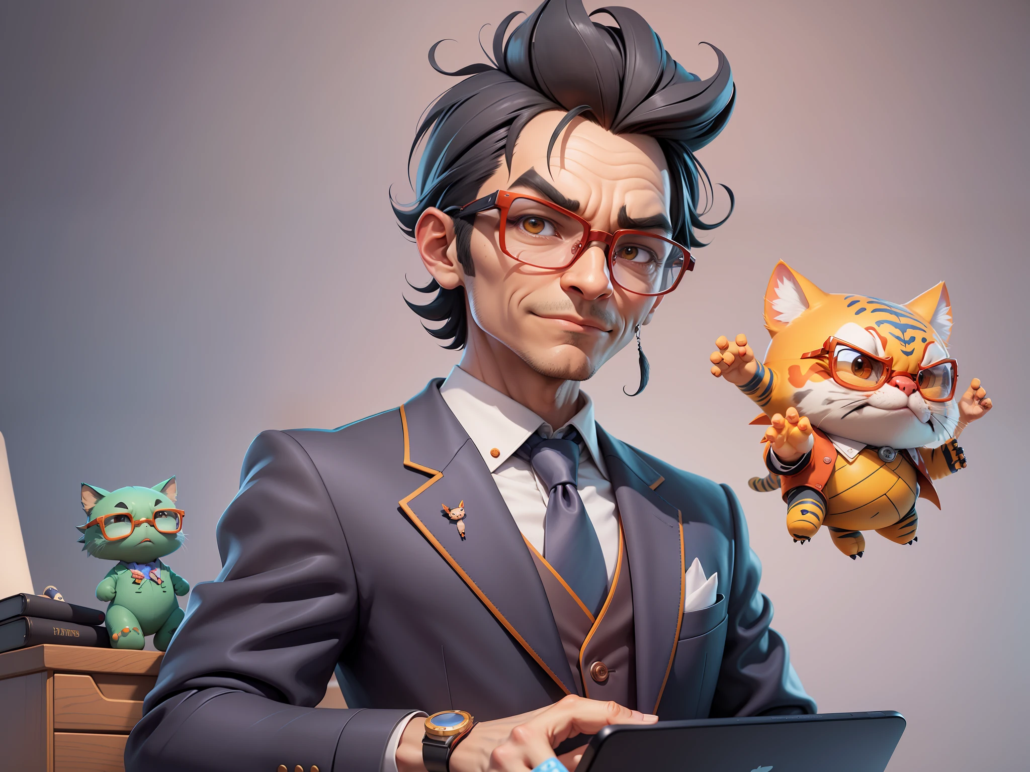 A young man in a suit, Short hair and glasses sat at his desk，holding laptop，digitial painting，tigre，3D character design by Mark Clairen and Pixar and Hayao Miyazaki and Akira Toriyama，4K HD illustration，Very detailed facial features and cartoon-style visuals。